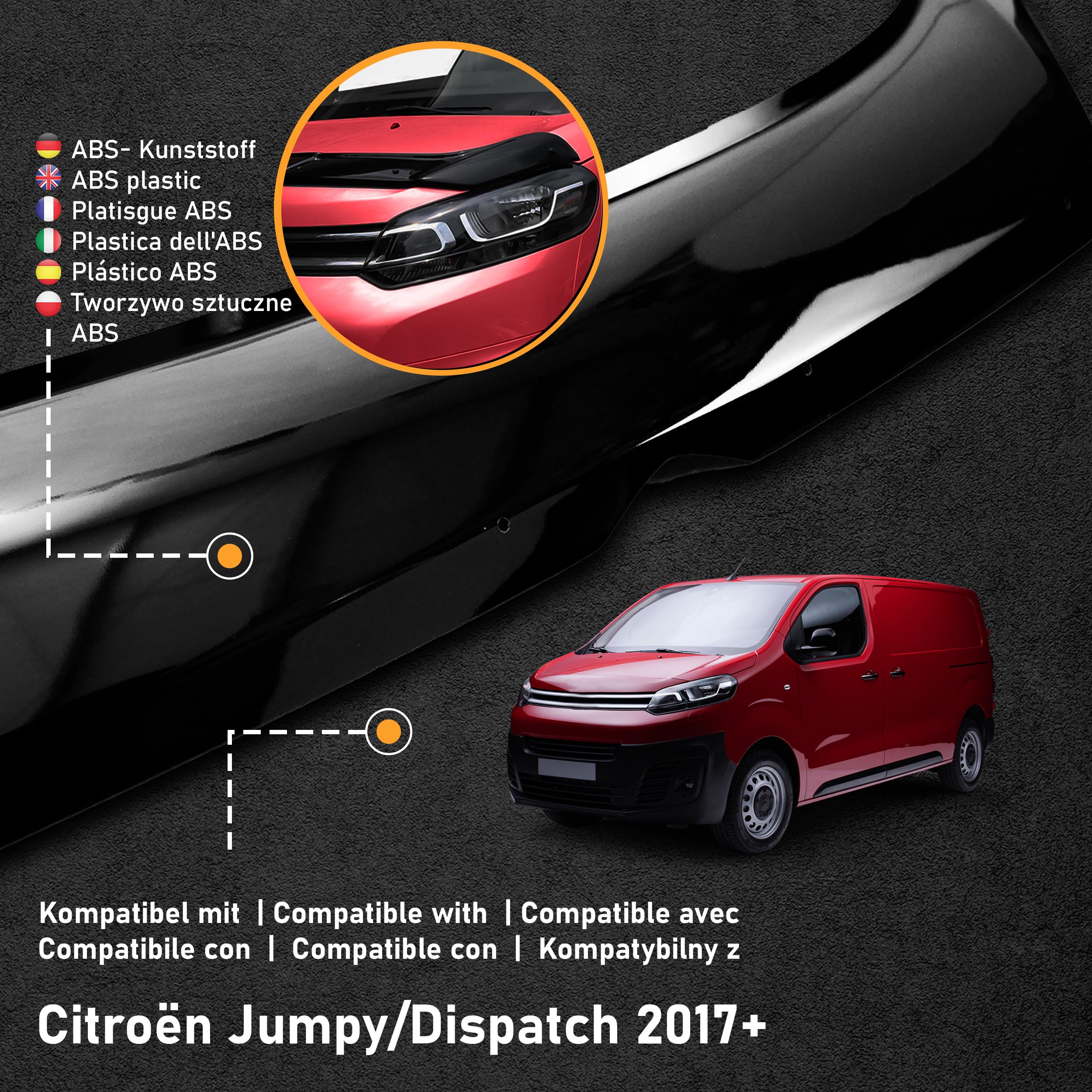 CHROMEMASTER | Protection Contre les Gravillons ; Protège-capot Compatible avec Citroën Jumpy/Dispatch à partir de 2017 | ABS Noir | Le Déflecteur de Capot Protège Contre les Projections de Graviers
