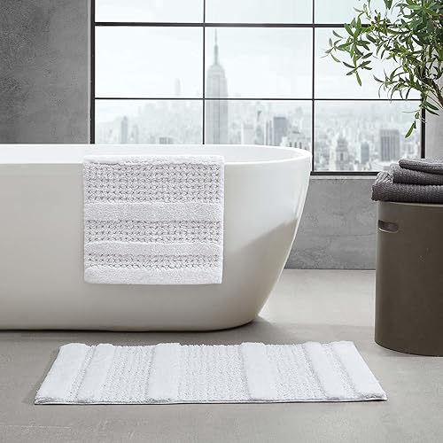 Miniatura 2 de Kenneth Cole - Juego de alfombras de baño, decoración de baño de algodón suave copetudo, construcción inspirada en gofre absorbente (blanco gofre, 2