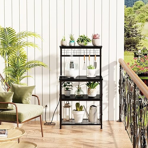 Vista 7 de Furologee Estante para hornear de cocina con toma de corriente, soporte para horno de microondas con almacenamiento de 4 niveles, mesa de café con 6