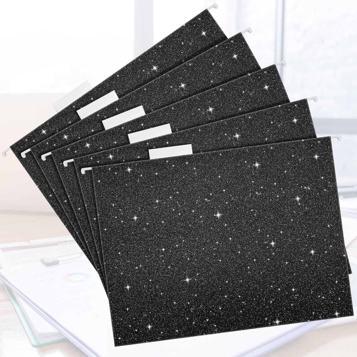 25 Pcs Black Hanging File Folders 12 x 9.25'' Glitter Hanging Folders with 25 Paper 1/5 Cut Adjustable Tab and 25 Plastic Tab for Medical Charts Office Desktop