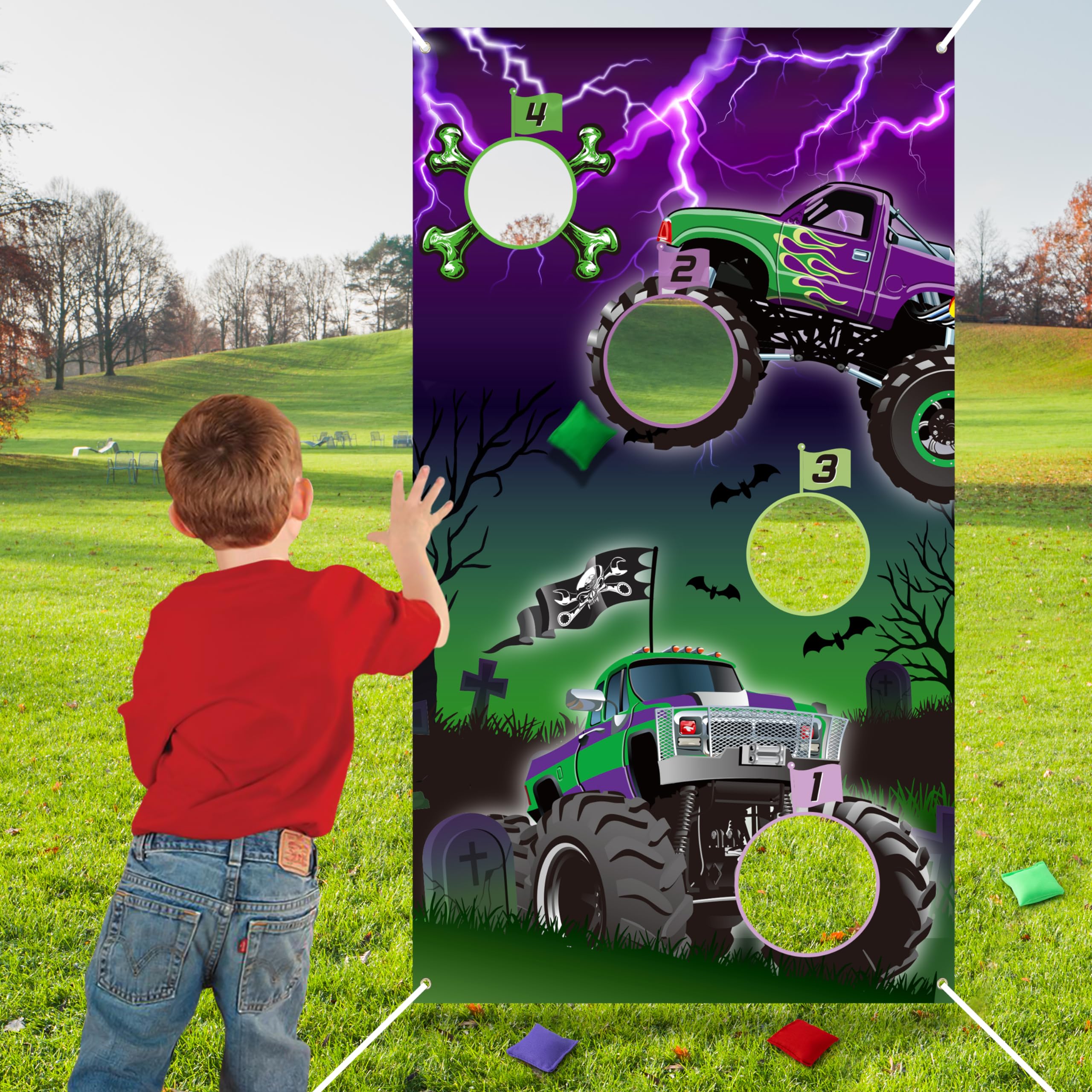 Haooryx Green and Purple Monster Truck Toss Game, Monster Truck Banner with Bean Bags 4 Score Holes Party Game Indoor Outdoor Throwing Games for Kids Monster Truck Theme Birthday Party Supplies