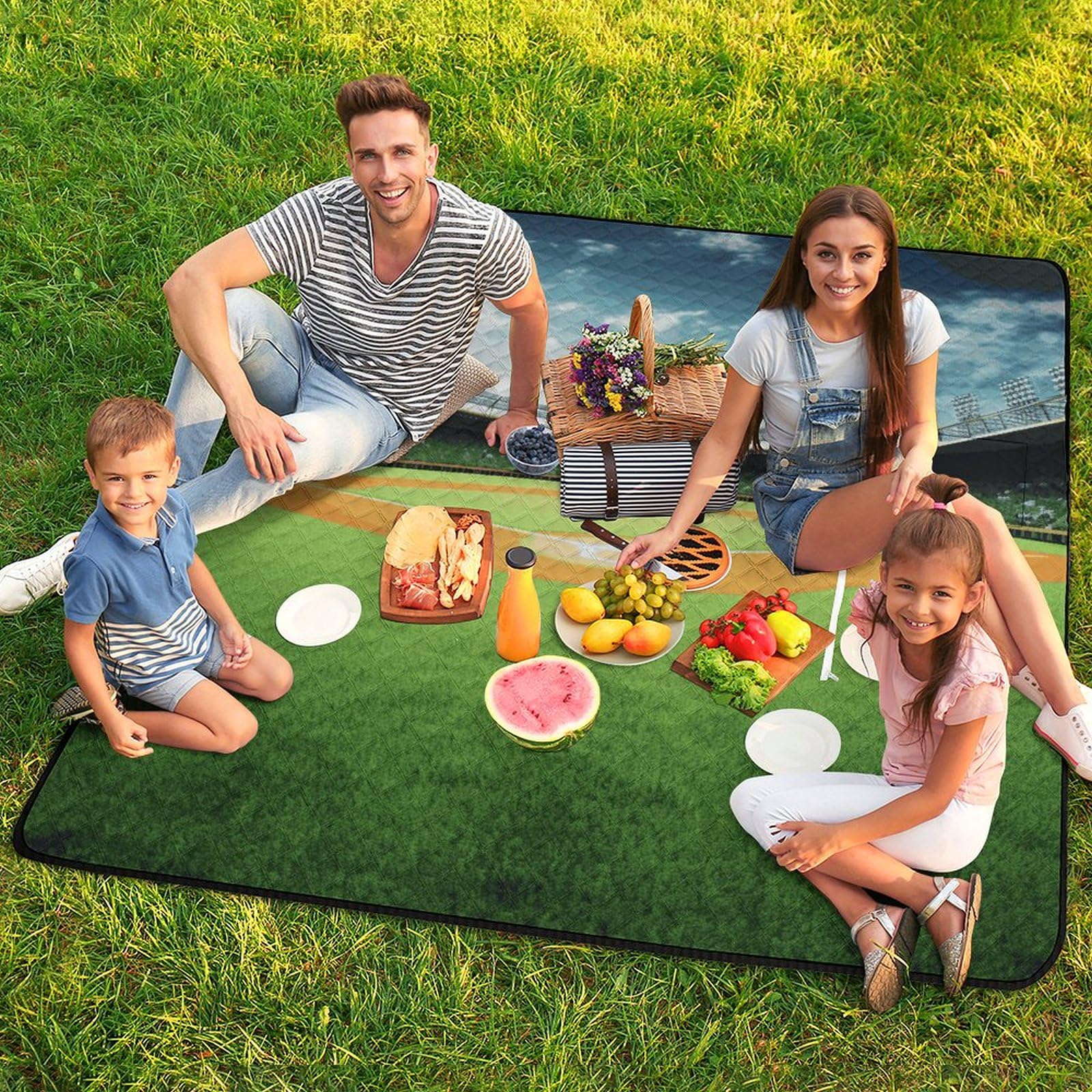 Coperta da picnic con sfondo verde da campo da baseball, lavabile in lavatrice, 200 cm x 200 cm, coperta da spiaggia compatta, pieghevole, impermeabile e anti-sabbia, extra large, tappetino da esterno