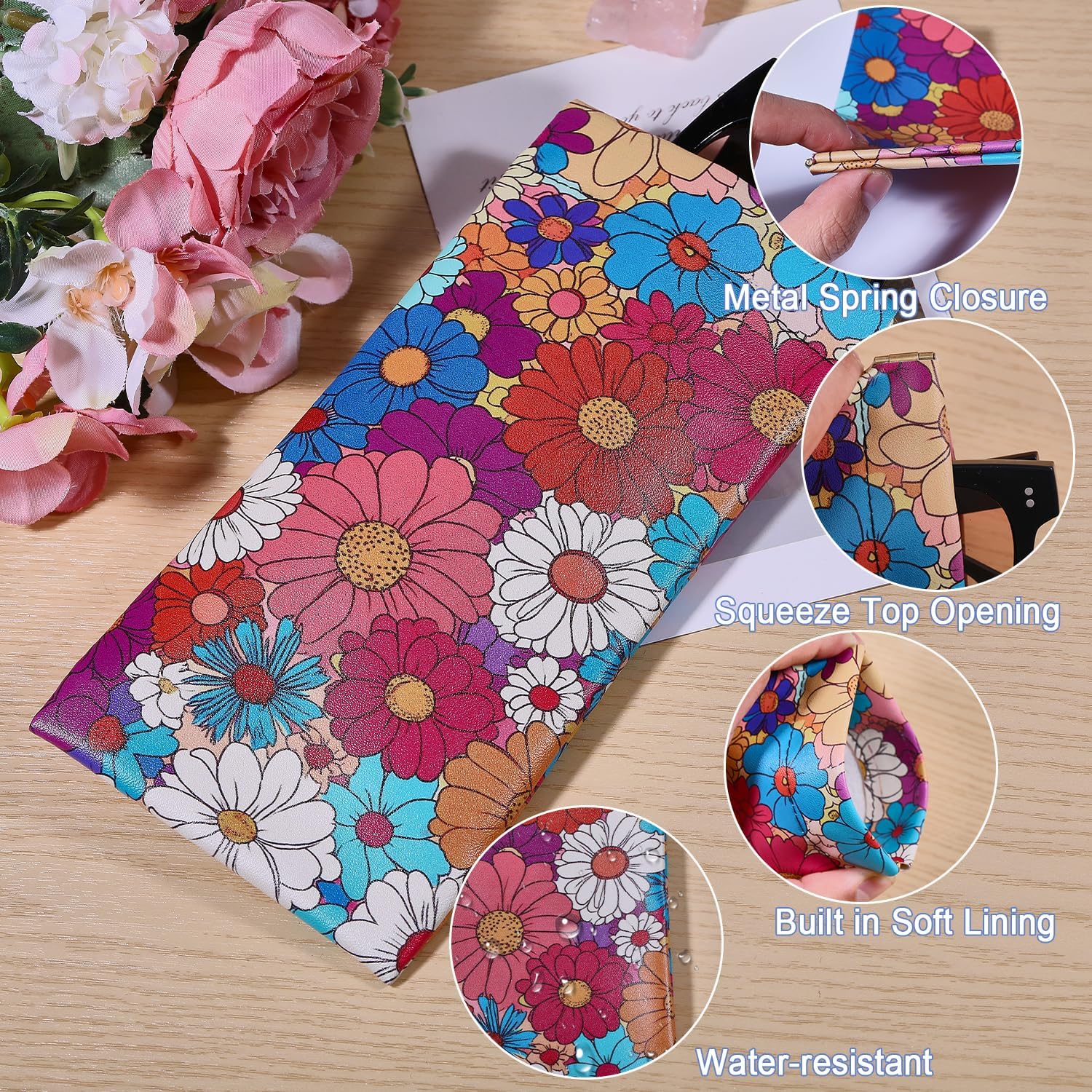 GLOBLELAND Daisy Flowers Glasses Case Squeeze Top Eyeglass Case Travel PU Leather Sunglasses Case Portable Sunglasses Pouch for Women Men