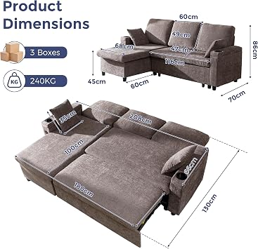 MAXYOYO 3 Seater Cornor Sofa Bed, L Shaped Sofa with Cup Holder Pull out Convertible Sleeper Sectional Sofa with Left/Right Part Convertible into 2 Single Seater for Living Room, Office