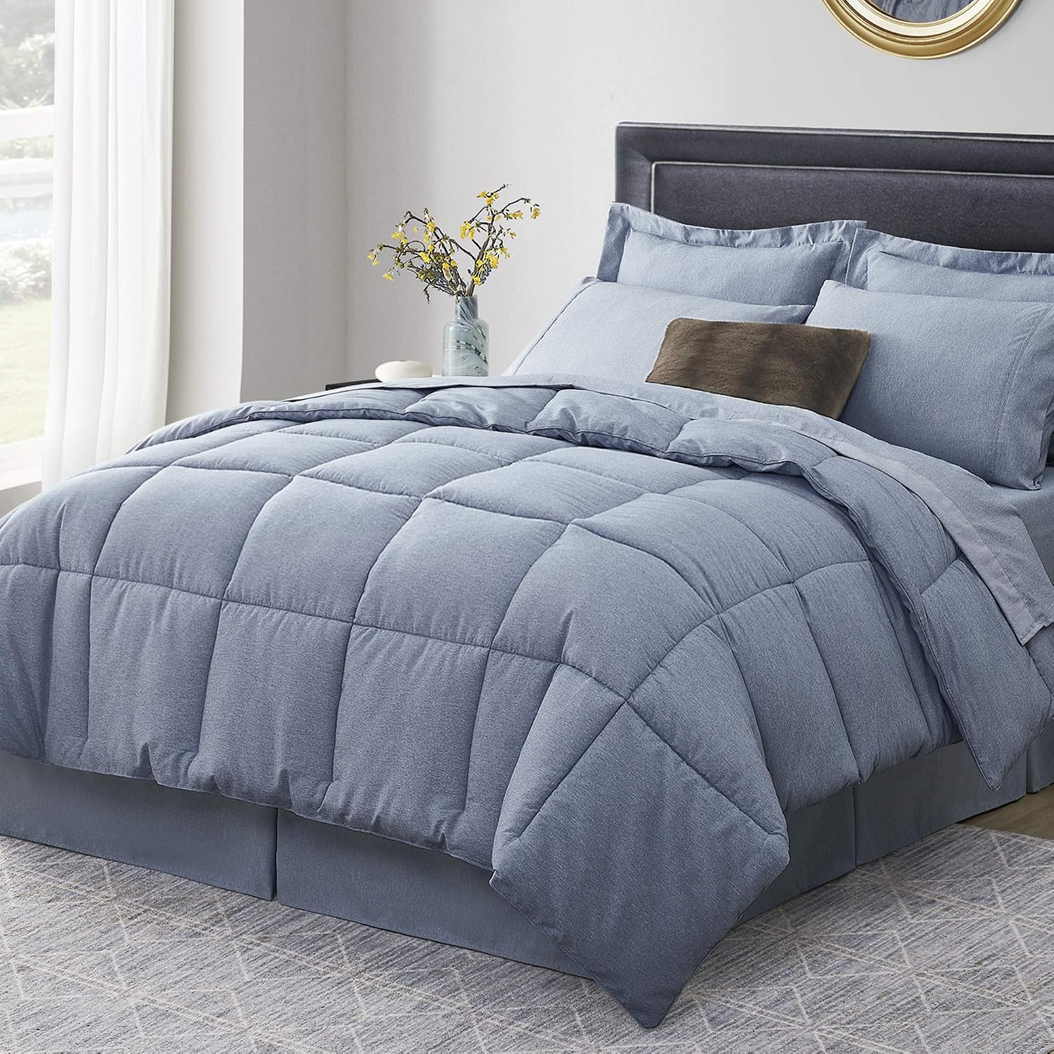 UMCHORD Queen Comforter Set, Blue 8 Pieces Bed in a Bag, Cationic Dyeing Bedding Sets, Lightweight All Season Down Alternative Bed Comforter Set (88"x88")
