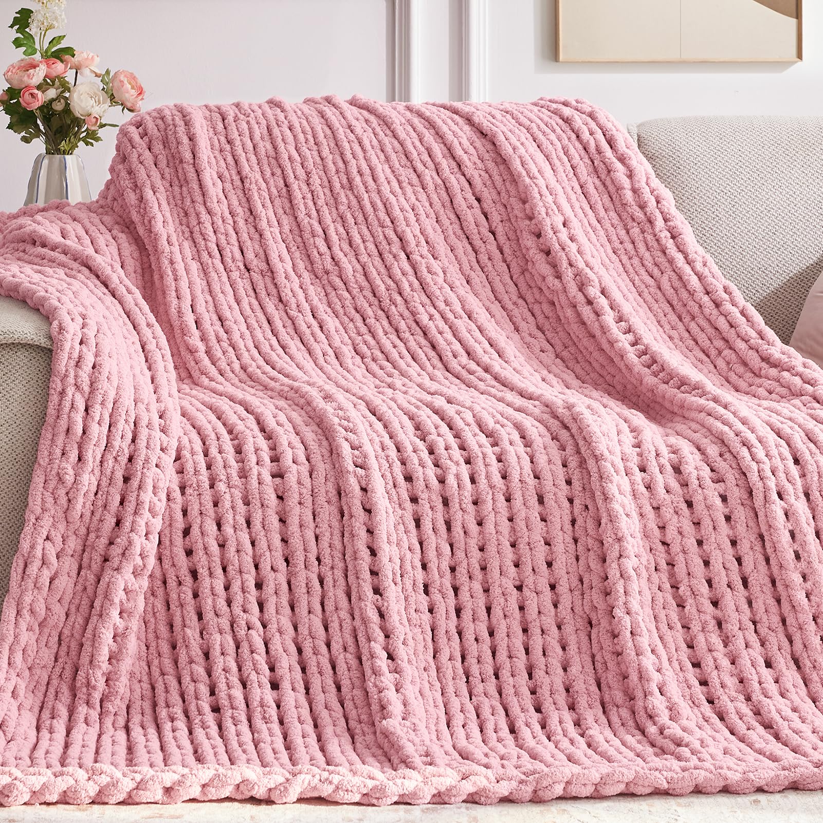 Negwoo Chunky Knit Throw Blanket, 60''*80'' Knitted Throw Chenille Yarn for Bed Couch, Handmade Light Pink Crochet Big Thick Blanket, Machine Washable Cute Comfy Blanket for Home Decor — image 1