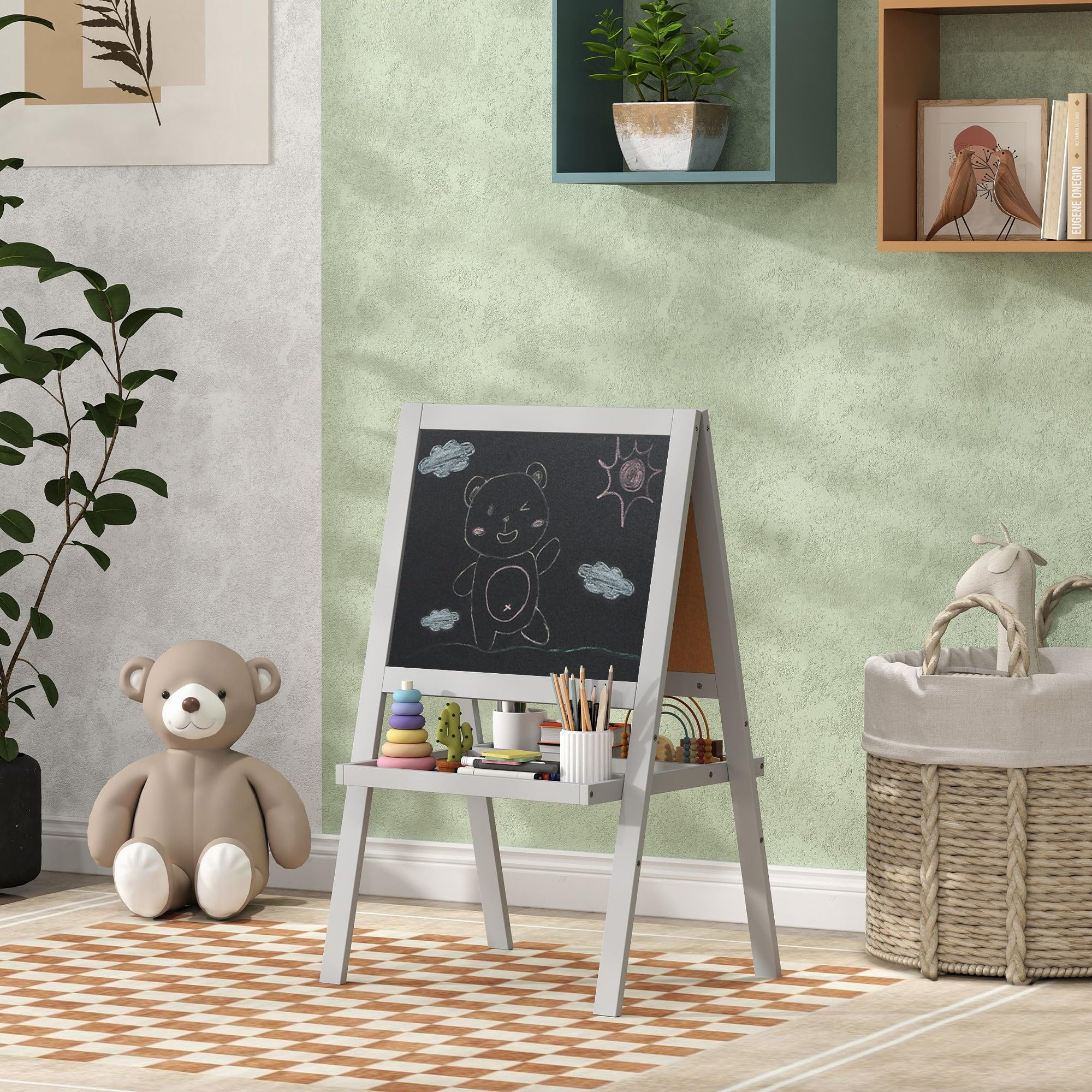 AIYAPLAY Cavalletto per bambini cavalletto bifacciale per dipingere con lavagna bianca e nera, ripiani inclusi, lavagna per bambini da 18 a 48 mesi, grigio