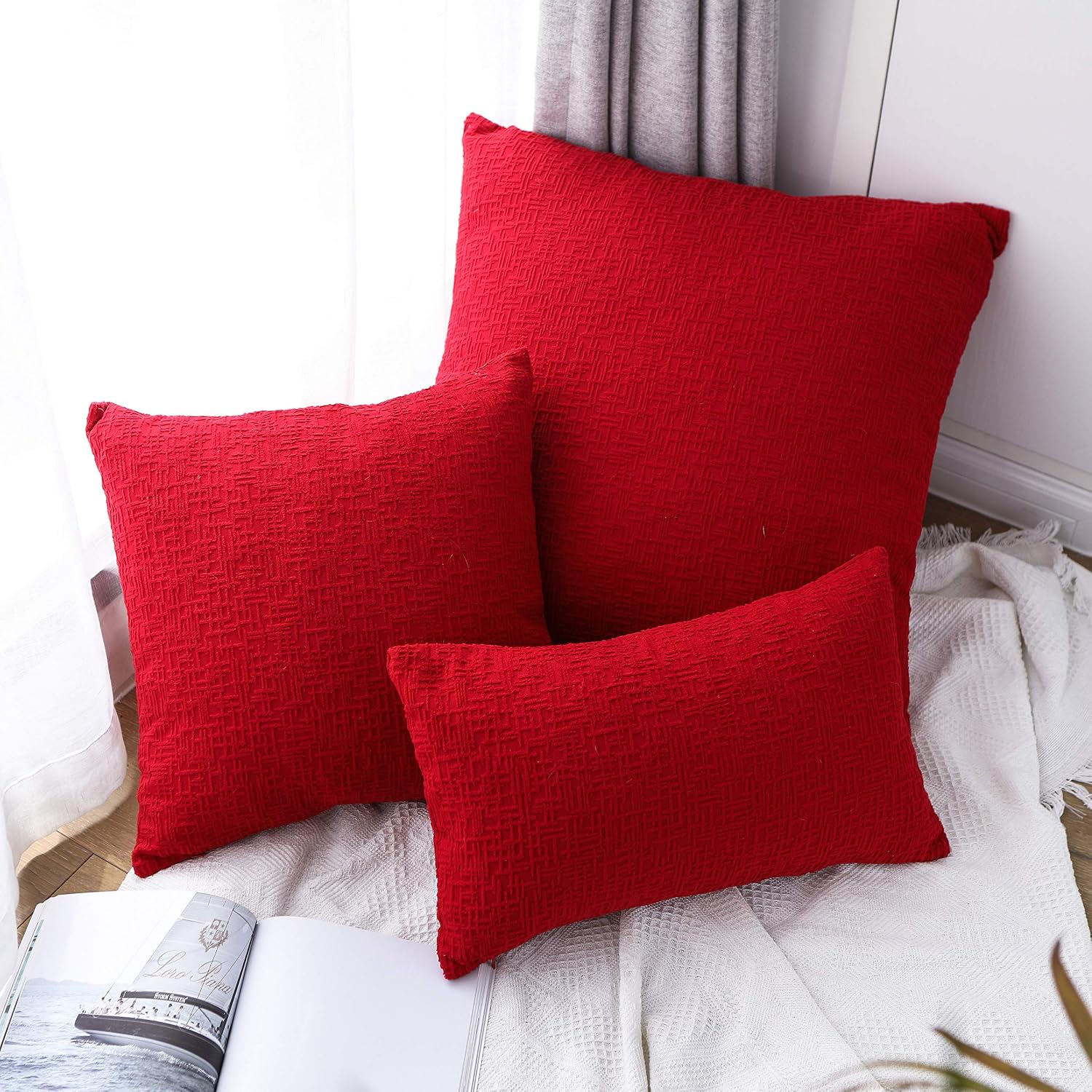 Kevin Textile Pillow Covers Soft Striped Decorative Christmas Pillowcase for Bed/Chair/Couch, 2 pcs, 18"x18"(45cm), Barberry Red