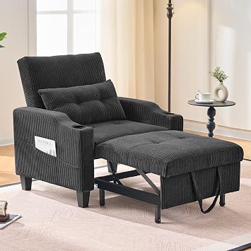 3 in 1 Convertible Sleeper Chair, Corduroy Single Sleeper Sofa Bed, Pull Out Sofa Bed Chair with Adjustable Backrest & Side Pockets for for Adults Reading Living Room, Black