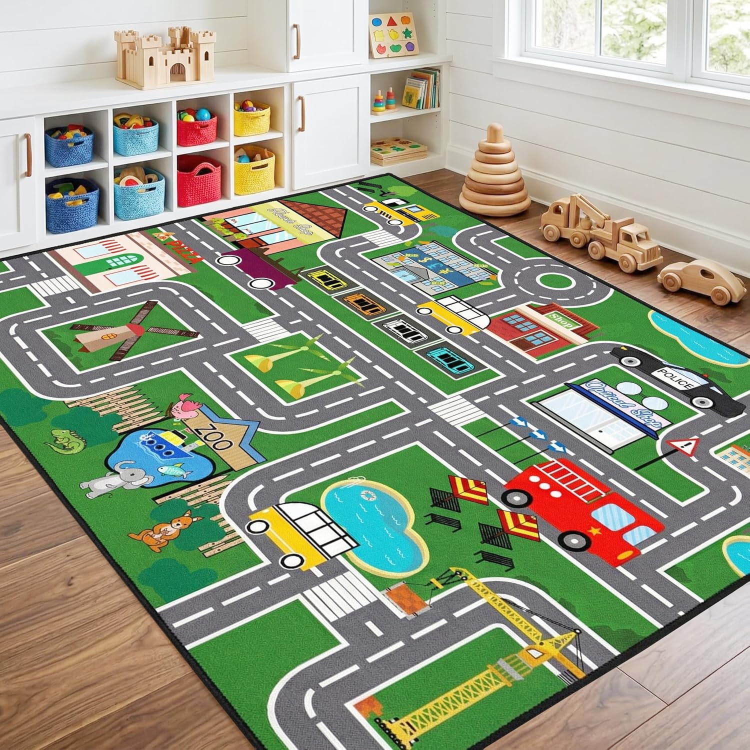 Car Rugs for Kids Toy Cars - Car Track Carpet for Boys Road Rug for Bedroom Road Map Carpet for Kids Toy Play Mat Farm, 3x5 Feet
