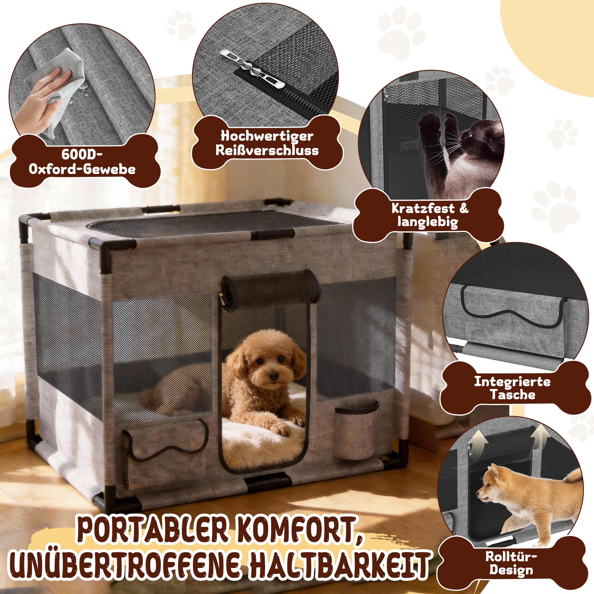 Welpenauslauf für Hunde & Katzen, 600D Oxford-Gewebe, atmungsaktive Netzfenster, PVC-Rahmen, stabil & faltbar, Indoor & Outdoor, Quadratisch, Grau, M, 85 × 65 × 65 cm