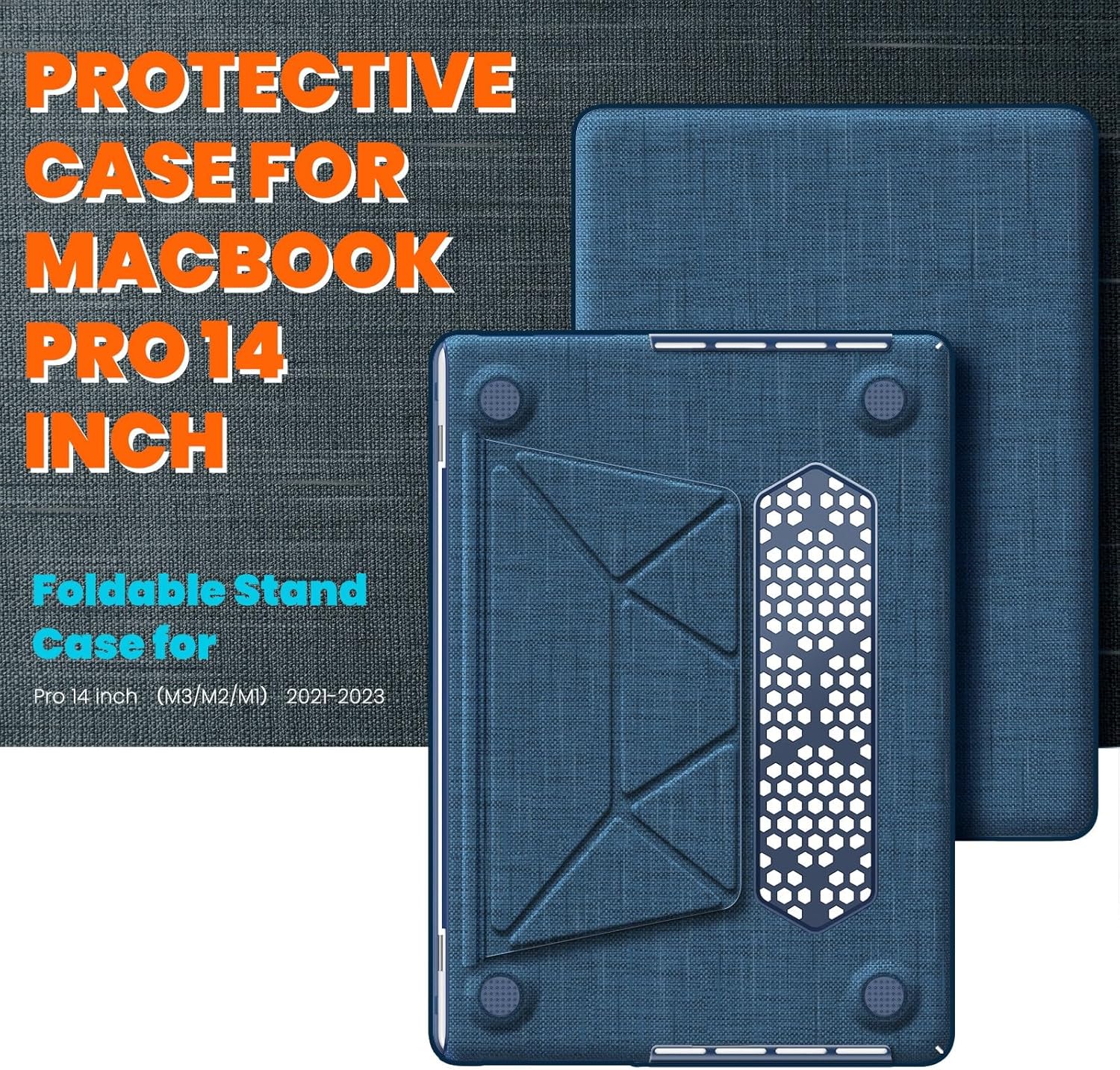 Compatible with MacBook Pro 14 inch Case M4 M3 M2 M1 Pro/Max 2024 2023 2021, Woven Fabric Textured Hard Shell Protective Case with Vents and Foldable Stand Function - Navy
