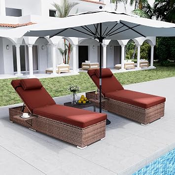 Rophefx Outdoor PE Wicker Patio Lounge Chairs Set of 2, Outside Rattan Pool Lounge Chair with Cup Holder & Adjustable Backrest, Brown Rattan Recliners for Poolside Deck Beach Yard Red Cushions