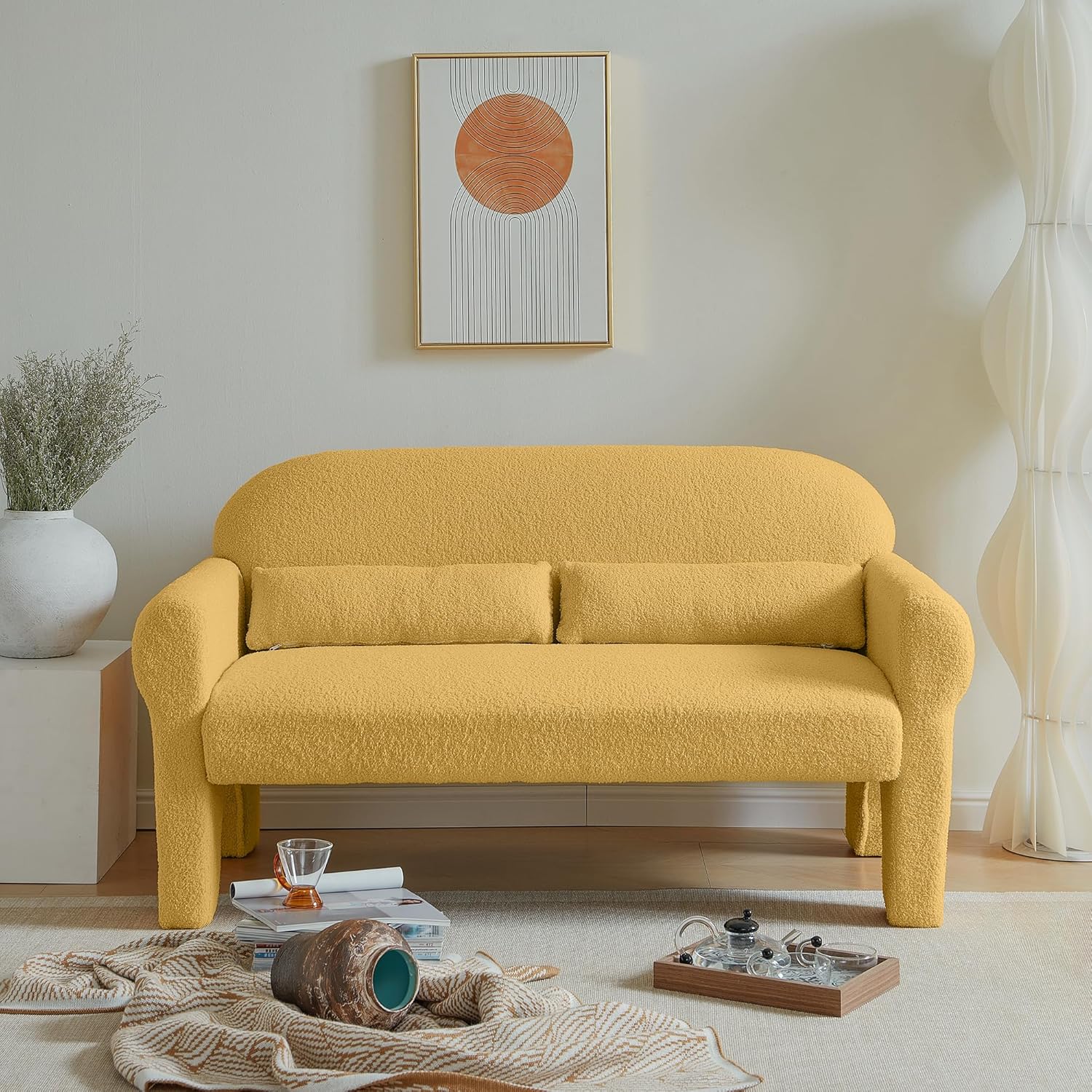 Yoglad Modern Accent Small Loveseat,Comfy Reading Arm Sofa with Lumbar Pillows - Single Sofa Chair with Arm,for Living Room, Bedroom,Reception Room,Apartment(Yellow Teddy)