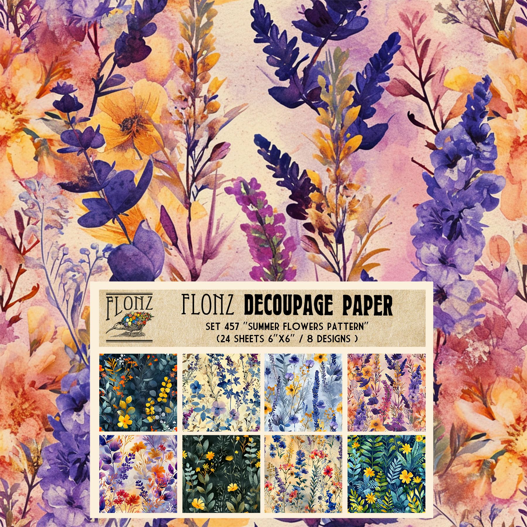 Decoupage Paper Pack (24 Sheets 6"x6") Summer Flowers Pattern # Vintage Styled Pattern Paper for Decoupage, Craft and Scrapbooking