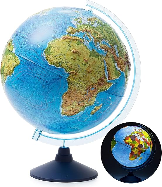Exerz 32cm Relief Illuminated AR GLOBE with Cable Free LED Light- Physical/Political Dual Map- Augmented Reality App iOS - Light Up Globe