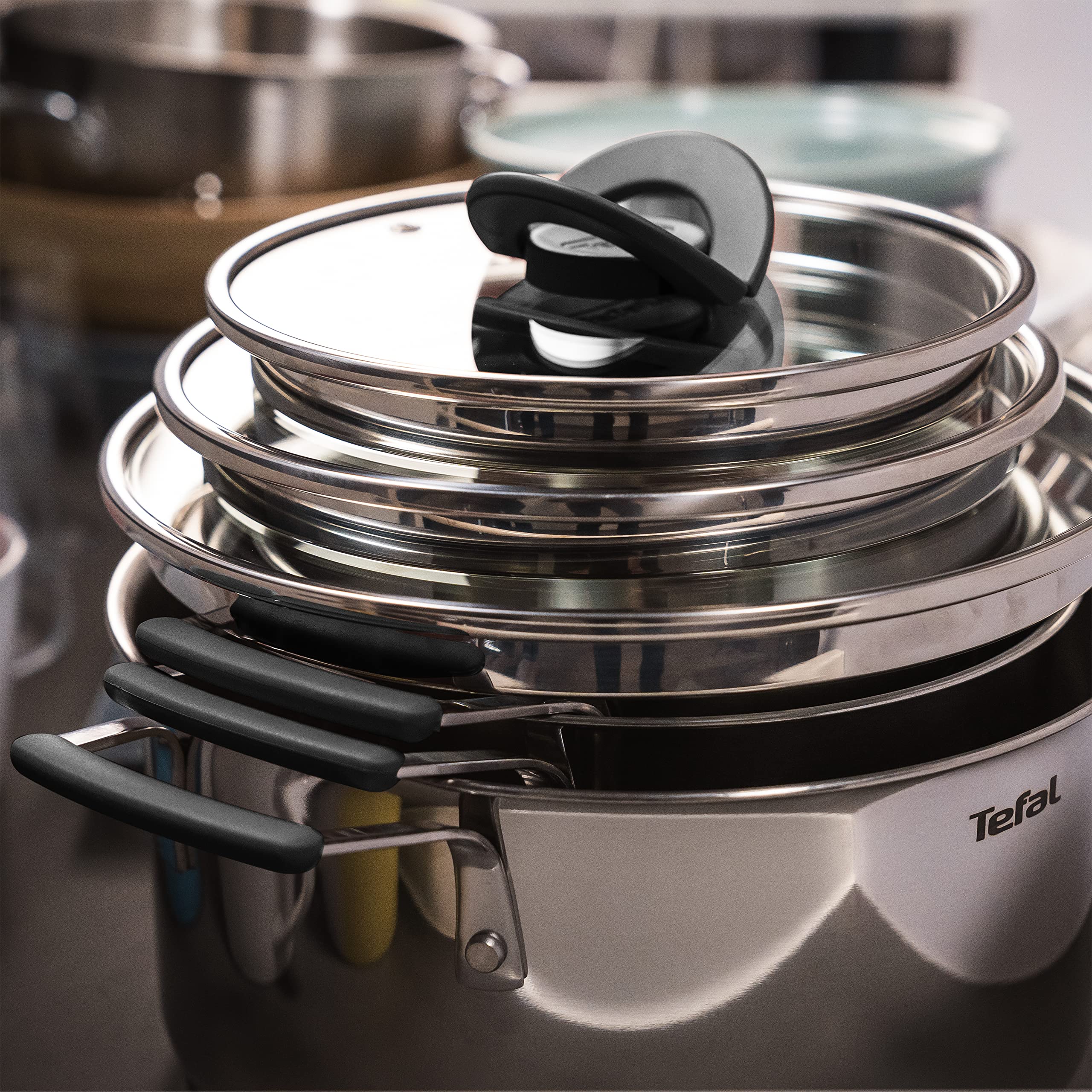 Tefal G7376S Opti'Space Topfset 6-teilig | Stielkasserolle 16 cm (inkl. Deckel) | Kochtöpfe 20/24 cm (inkl. Deckel) | Edelstahl | Thermo-Fusion-Boden | für alle Herdarten | Induktion | Grau