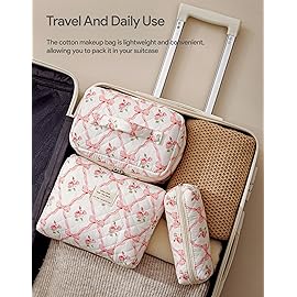 HBselect Quilted Makeup Bag, 3PCS Cotton Large Travel Makeup Bag, Cute Floral Coquette Make up Bag Cosmetic Bag Toiletry Bag for Women Girls