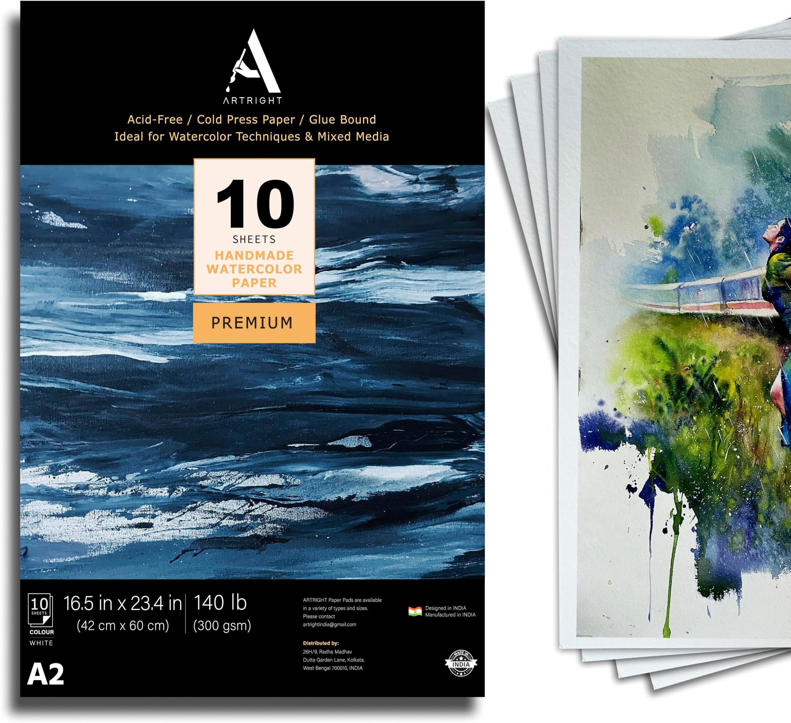 ArtRight Artists' Watercolor Paper A2 300 GSM - 10 Sheets of Handmade Rough Grain Water Colour Papers for Watercolour, Acrylic, Gouache, Ink & Mixed Media