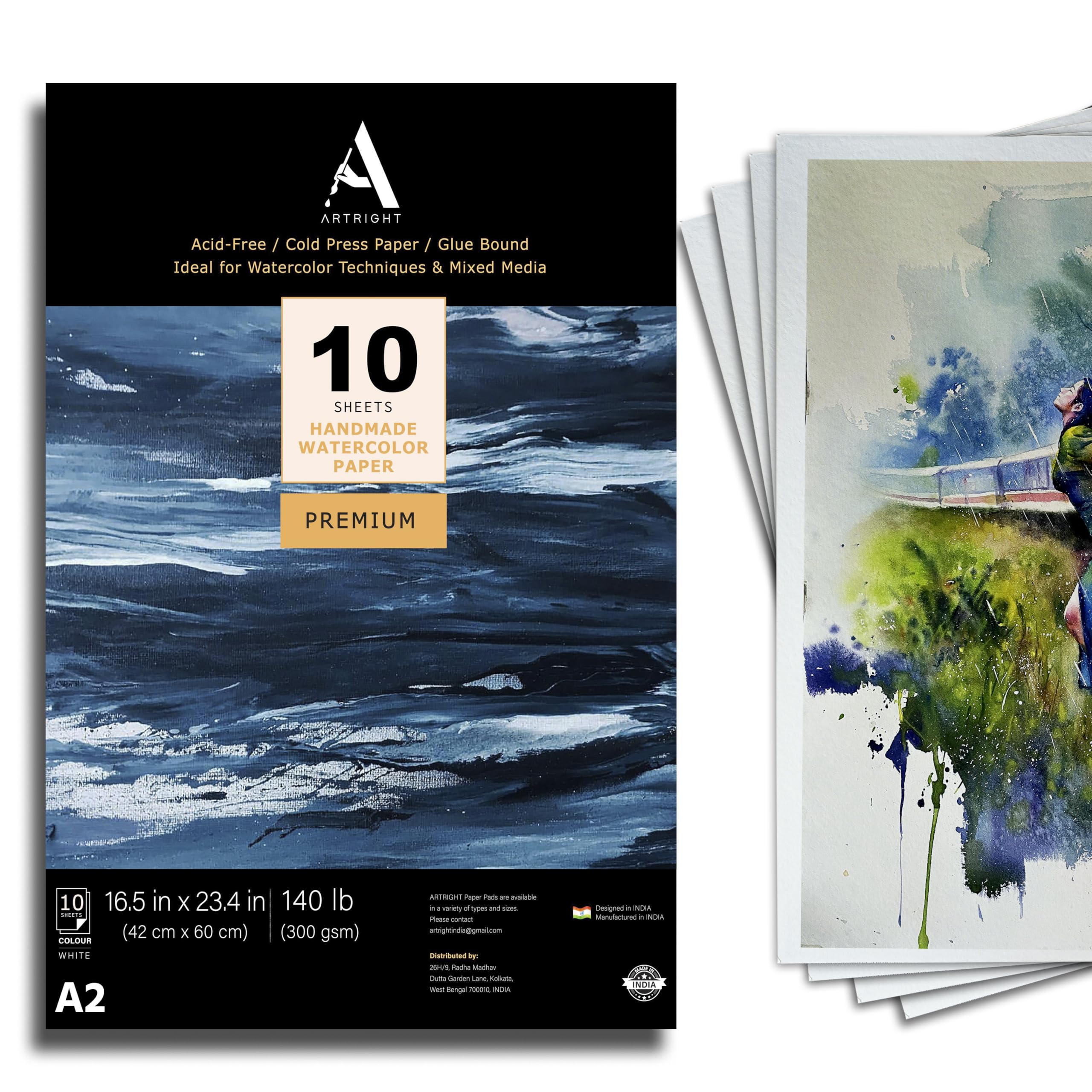 ArtRight Artists' Watercolor Paper A2 300 GSM - 10 Sheets of Handmade Rough Grain Water Colour Papers for Watercolour, Acrylic, Gouache, Ink & Mixed Media