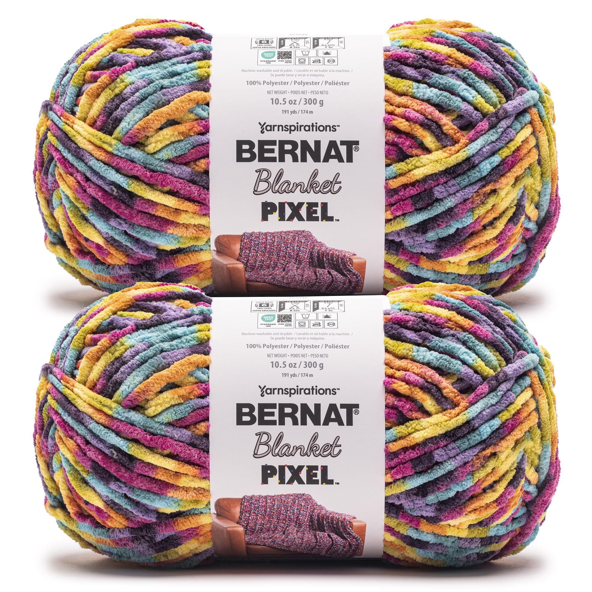 Bernat Blanket Pixel All The Colors Yarn - 2 Pack of 300g/10.5oz - 100% Polyester - #6 Super Bulky - 191 Yards - Knitting/Crochet