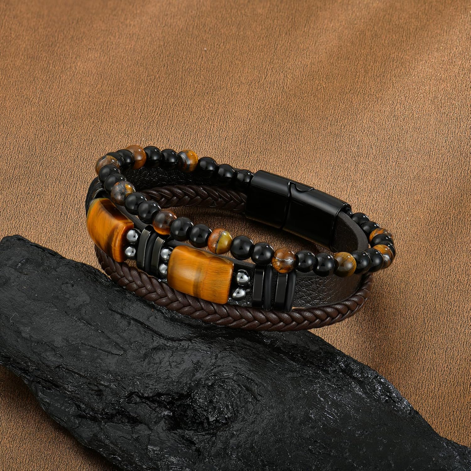 Mens Tiger Eye Leather Bracelet, Natural Tiger Eye Stone Beads Multi-Layer Braided Cuff Bracelets for Men, Stainless Steel with Buckle Memorial Bangle Gifts for Him - Image 5