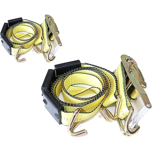 DKG-304 Yellow Heavy Duty Double J Hook Wheel Strap with Ratchet - Over Tire Wire Hook Car Hauler Tie Down - Auto Transporter Trailer Strap with Steel Ratchet - Working Load Limit of 3330 LB (2 Pack)