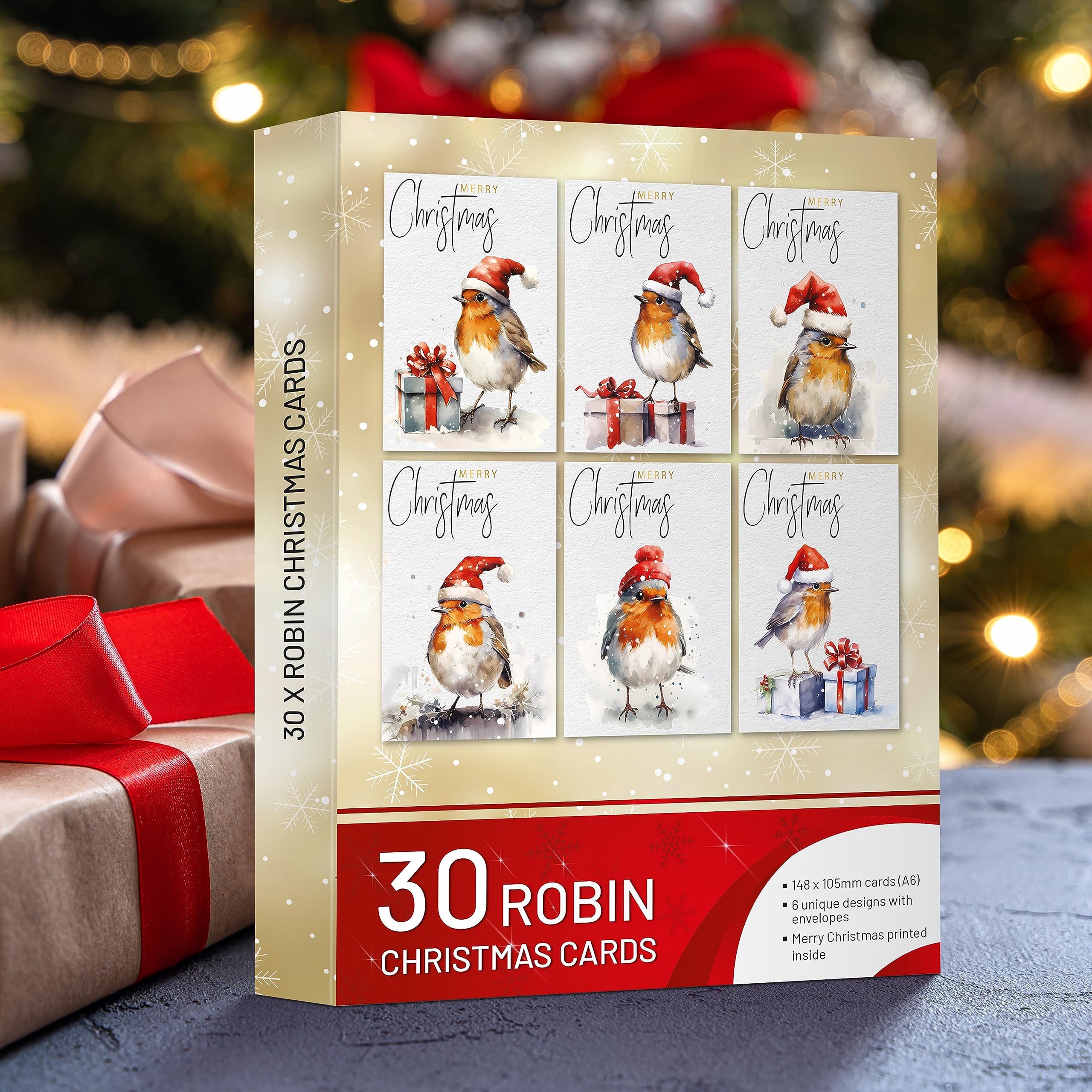 Christmas Cards Boxed Christmas Cards Pack of 30 Multipack Thick Xmas Cards Beautiful Robin Designs For Friends Family With Red Envelopes - Image 2