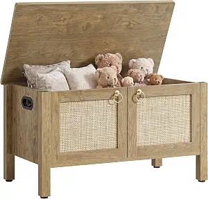 SICOTAS Rattan Storage Bench Boho Storage Chest with 2 Safety Hinges