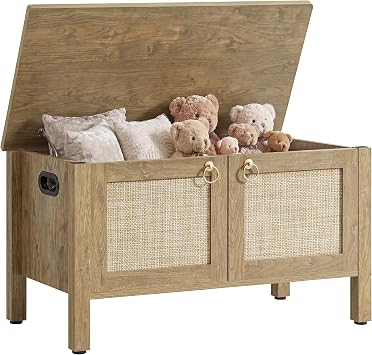 SICOTAS Rattan Storage Bench Boho Storage Chest with 2 Safety Hinges Wood Storage Truck Box for Bedroom, Living Room, Entryway, Supports 220 lb