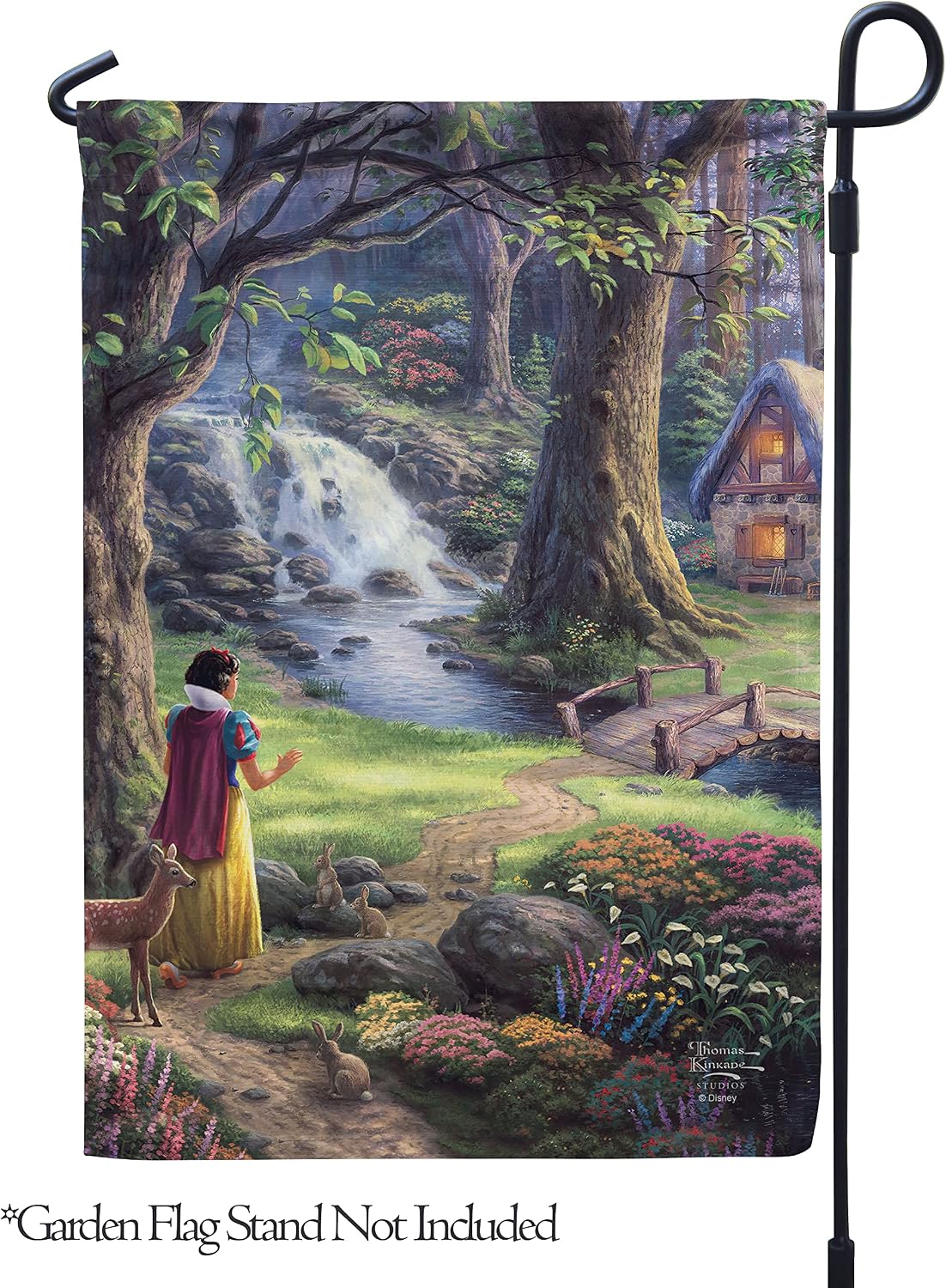 Flagology, Thomas Kinkade Disney, Snow White Discovers the Cottage – Garden Flag 12" x 18", Outdoor Flag, Exclusive Premium Fabric, Officially Licensed Thomas Kinkade Disney
