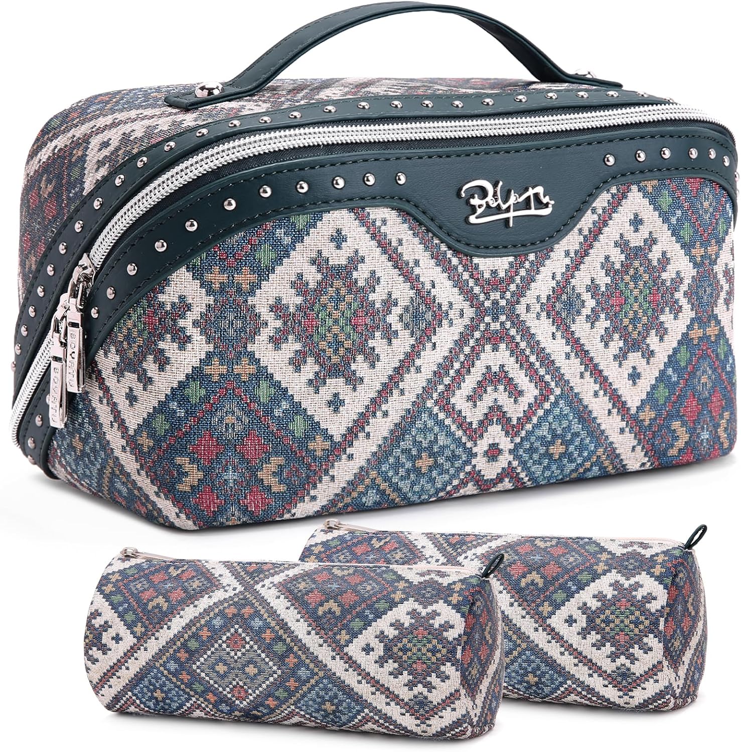 BOYATU Travel Makeup Bags for Women: Western Studded Boho Large Capacity Cosmetic Organizer - Wild, free, Punk Style - 3Pc Waterproof Toiletry Set with Blush Compartment - No Chaos & Easy Clean Blue