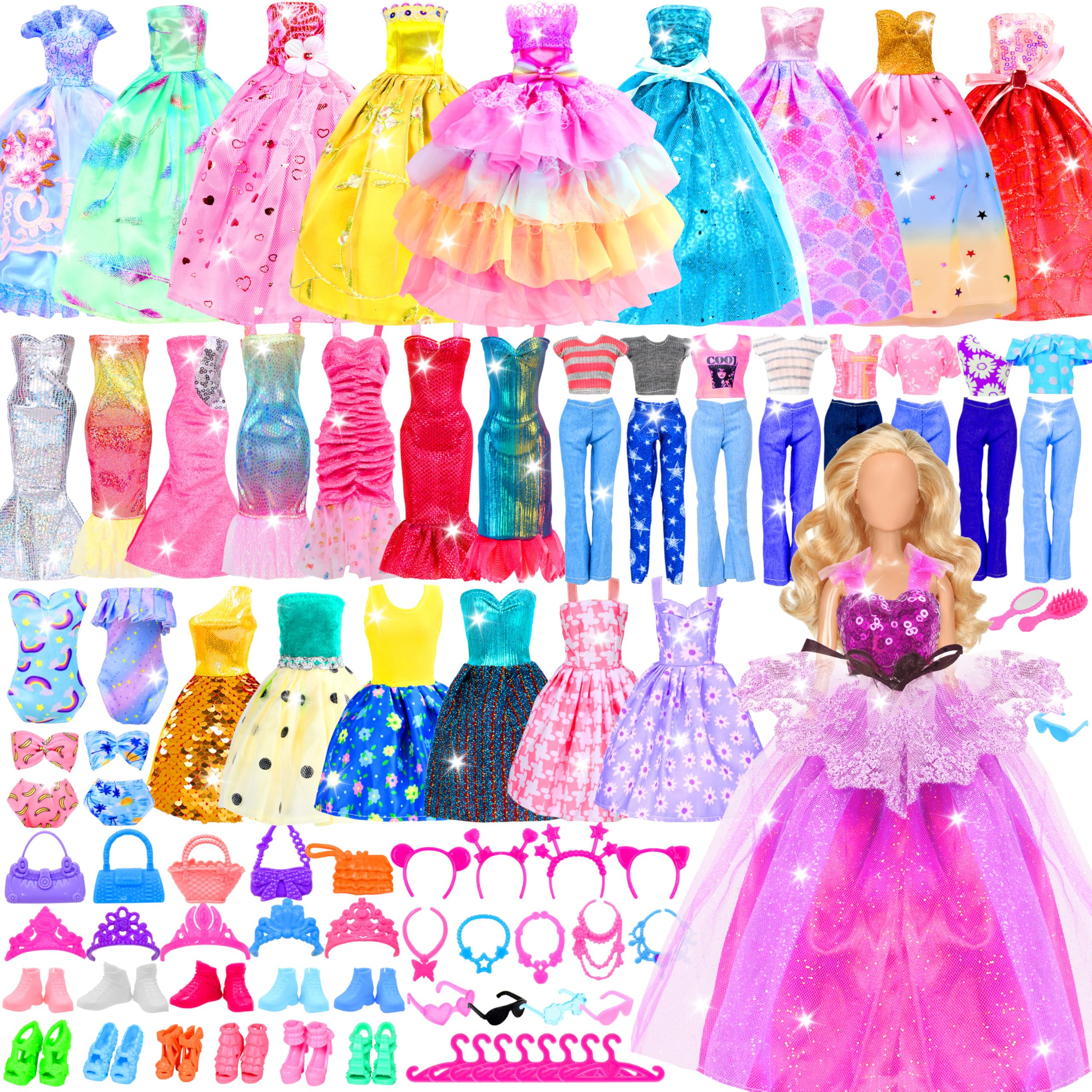 85 Pack Doll Clothes and Accessories, 3 Wedding Gowns 9 Fashion Dresses 3 Tops 3 Pants 1 Bikini Swimsuits 4 Slip Dress 20 Shoes 20 Hangers 28 Accessories for 11-12 Inch Dolls Gift for Ages 6 7 8 9 10