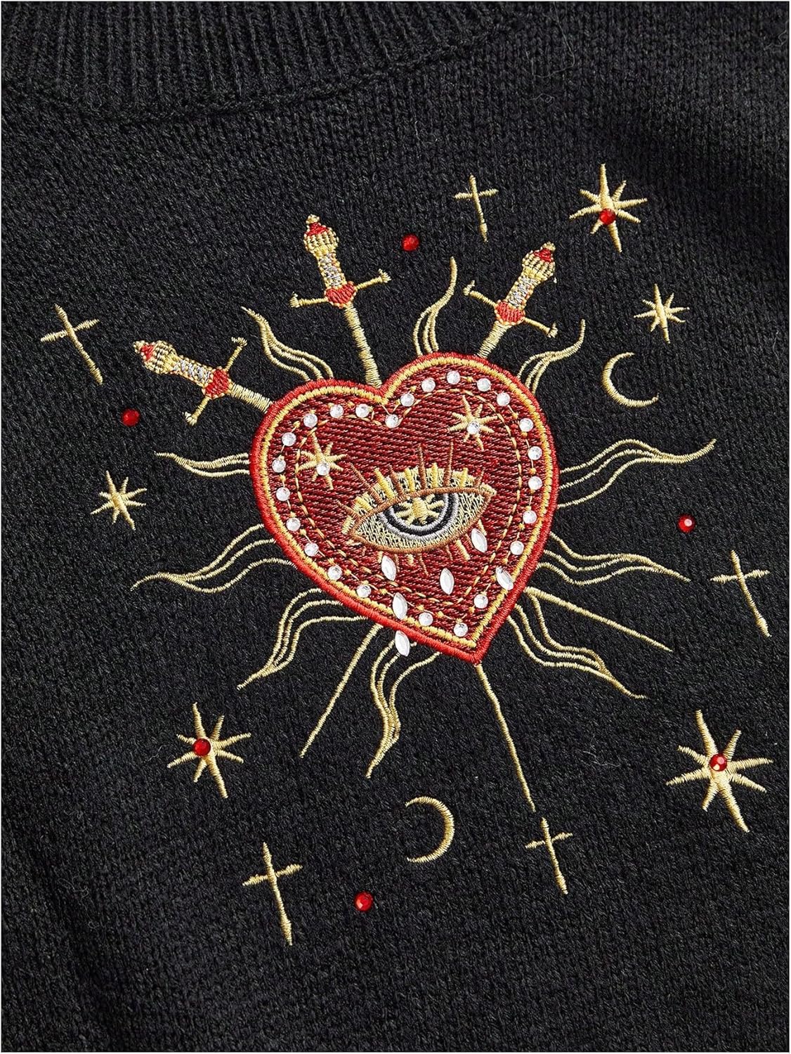 SweatyRocks Women's Lantern Sleeve High Neck Pullover Sweaters Goth Heart Embroidery Knit Crop Top - Image 4