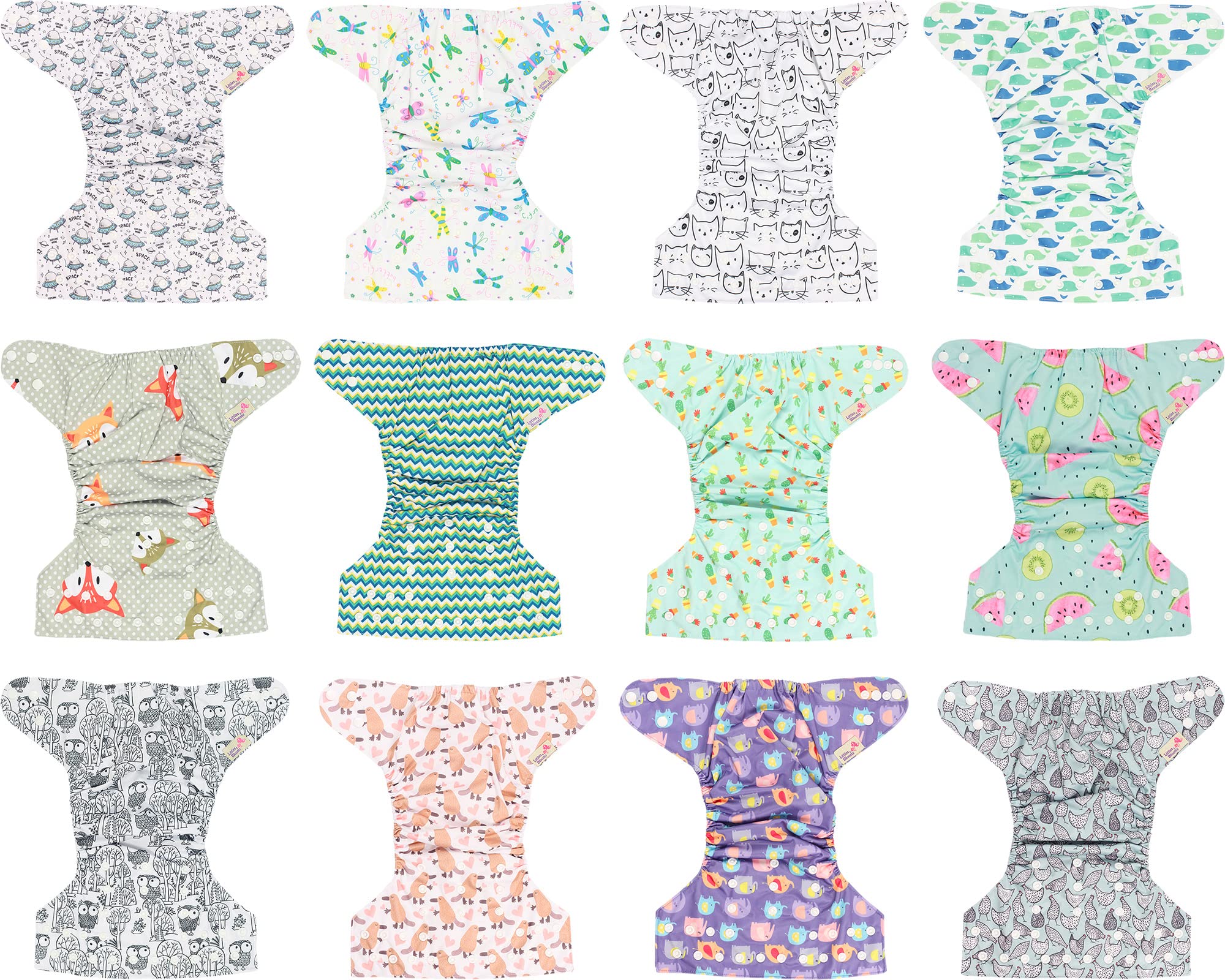 Littles & Bloomz Lot de 12 Bébé Couches Réutilisables en Tissu Couche Lavable à Poche avec Bouton Pression, FLP2-1203