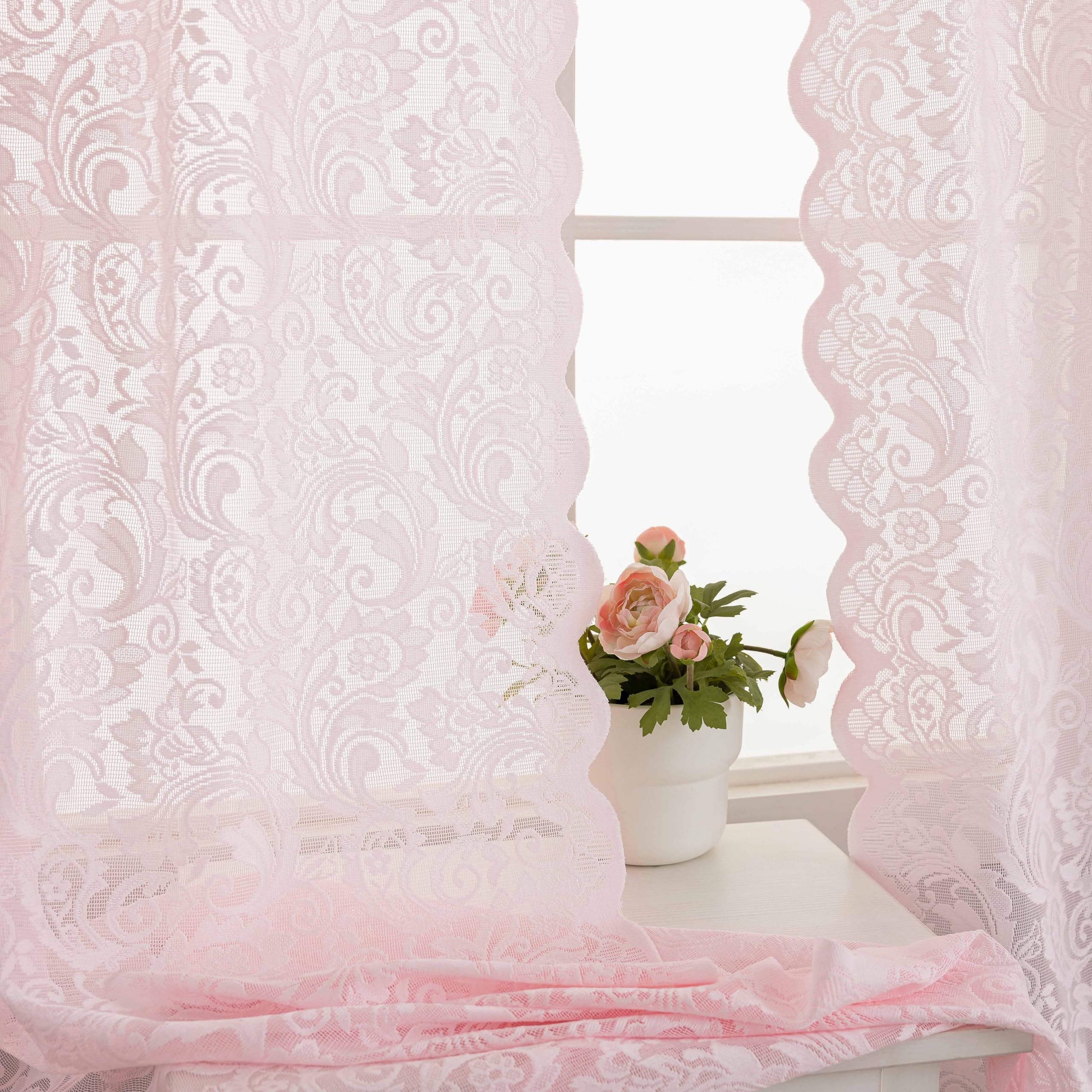 Cortinas de encaje rosa de 213 cm de largo, 2 paneles, bonitas cortinas de coqueta bordadas florales para sala de estar, cortinas bohemias de princesa rosa claro para niños, bebés, niñas, guardería