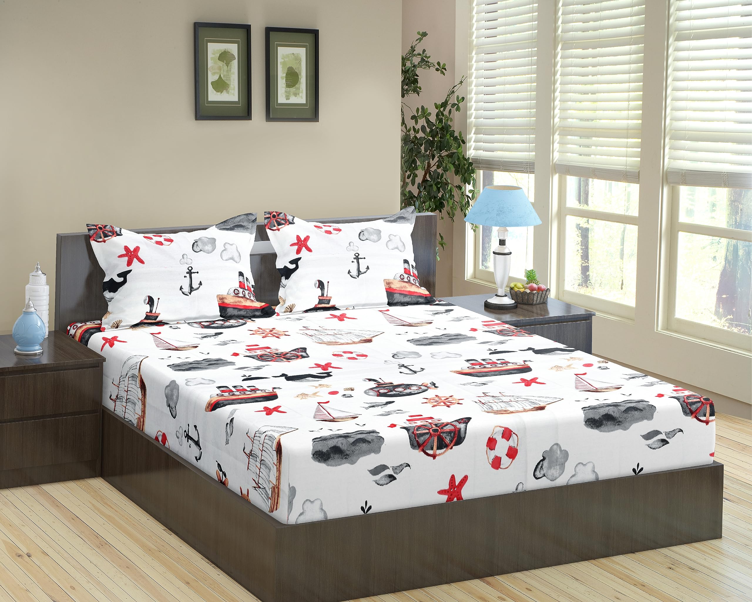Trance Home Linen Design 180Tc 100% Cotton King Size Cartoon Printed Kids Bedsheet | Bedding Set of King Size Flat Bed Cover with 2 Pillow Covers (108X108 Inch | 9Ft X 9Ft- Boat Orange)