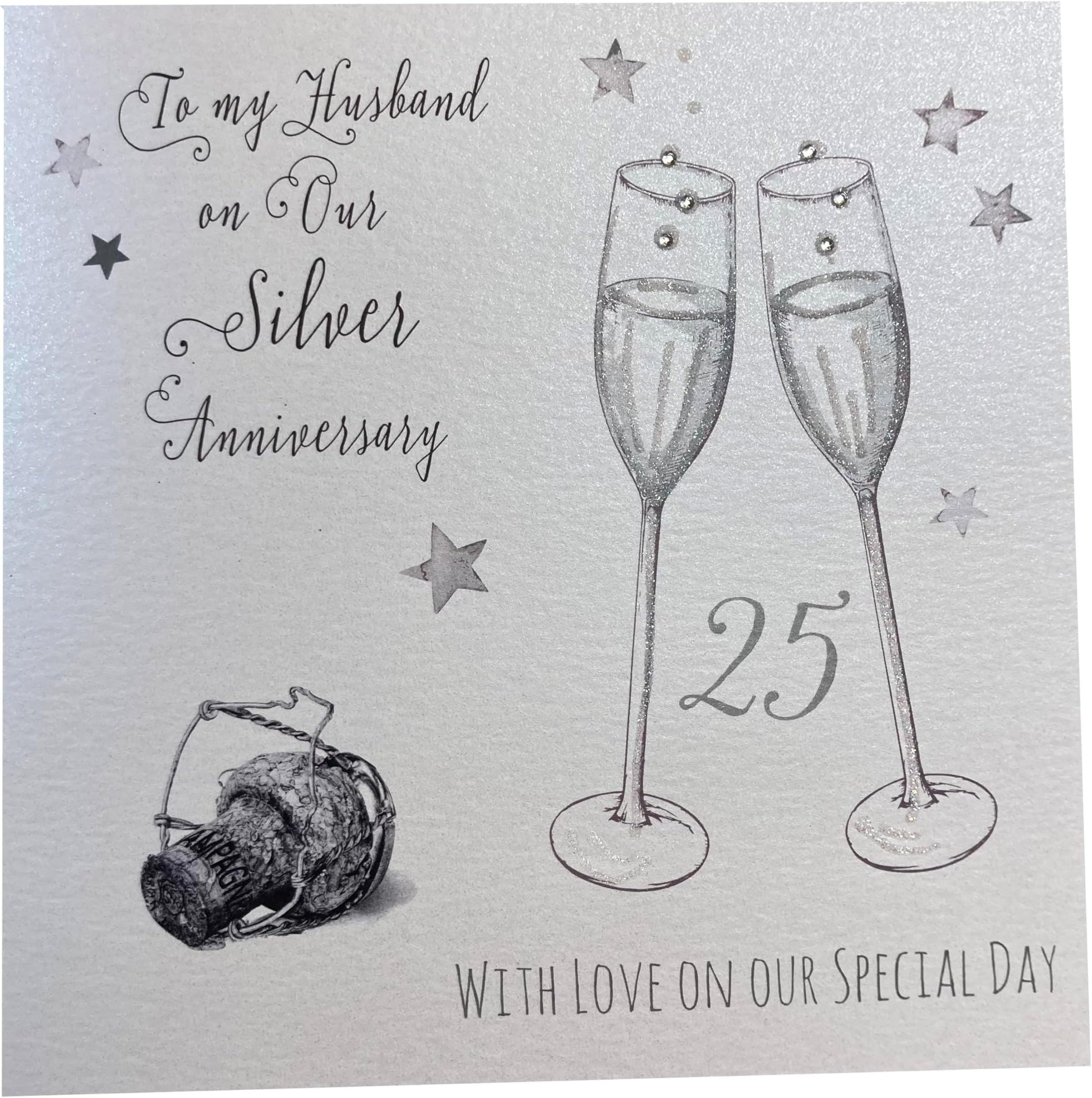 white cotton cards To My Husband, Handmade Large 25th Silver Anniversary Card Champagne Glasses, XLWA25H
