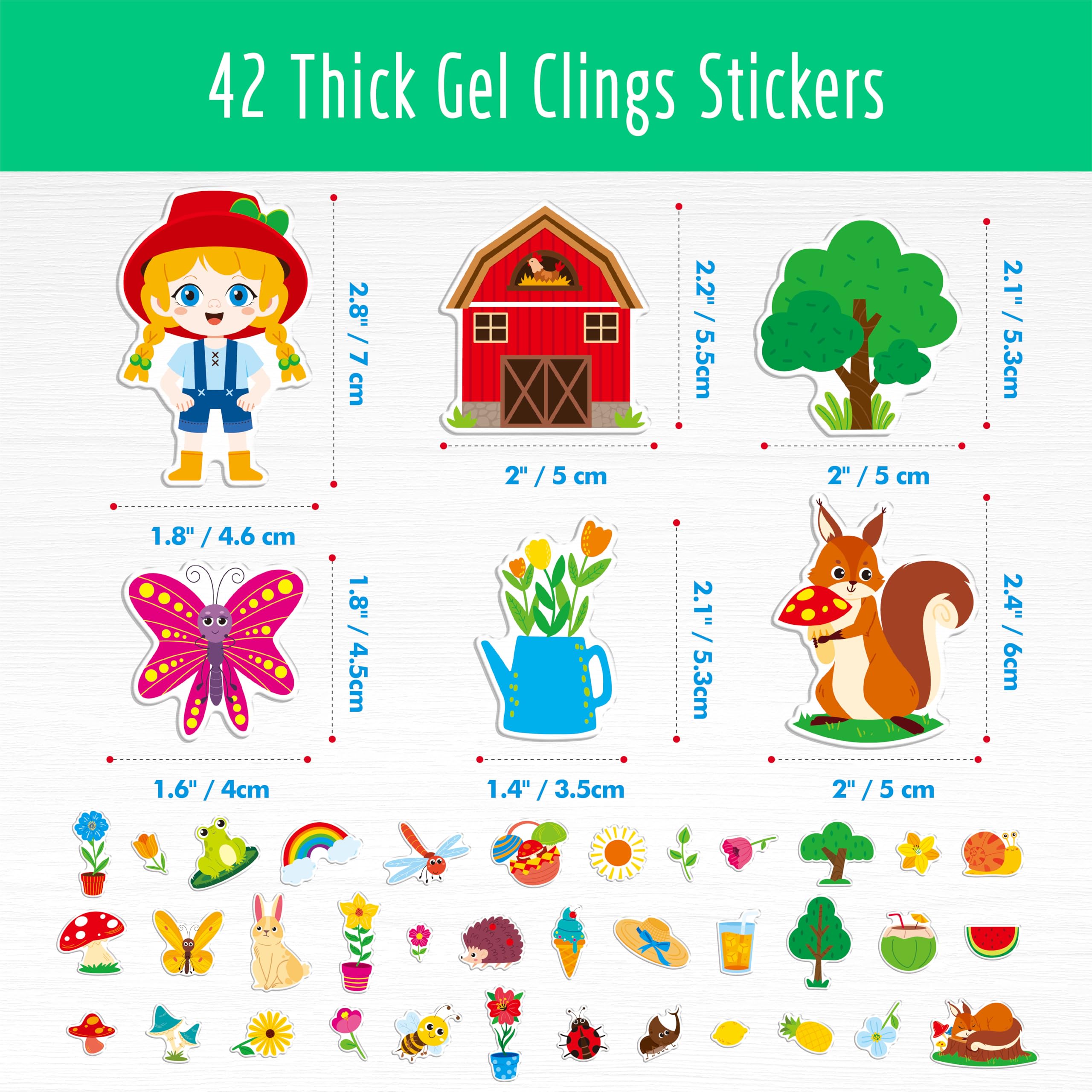 42PCS Summer-Theme Jelly Stickers, Butterfly Flower Farm Thick Window Door Clings Removable Reusable Gel Decals for Kids Toddlers Adults Home Classroom Decoration Party Supplies (Not Edible)