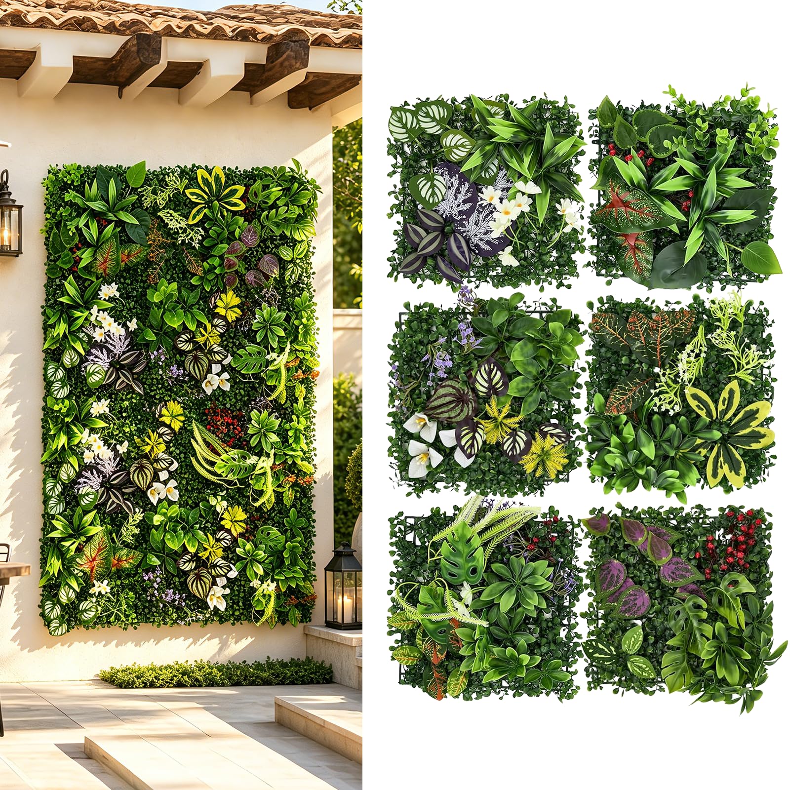 Set di 6 pannelli per piante artificiali da parete per interni ed esterni, 25 x 25 cm, siepi verdi, decorazione naturale, pannelli da parete per giardino, balcone, soggiorno, ufficio