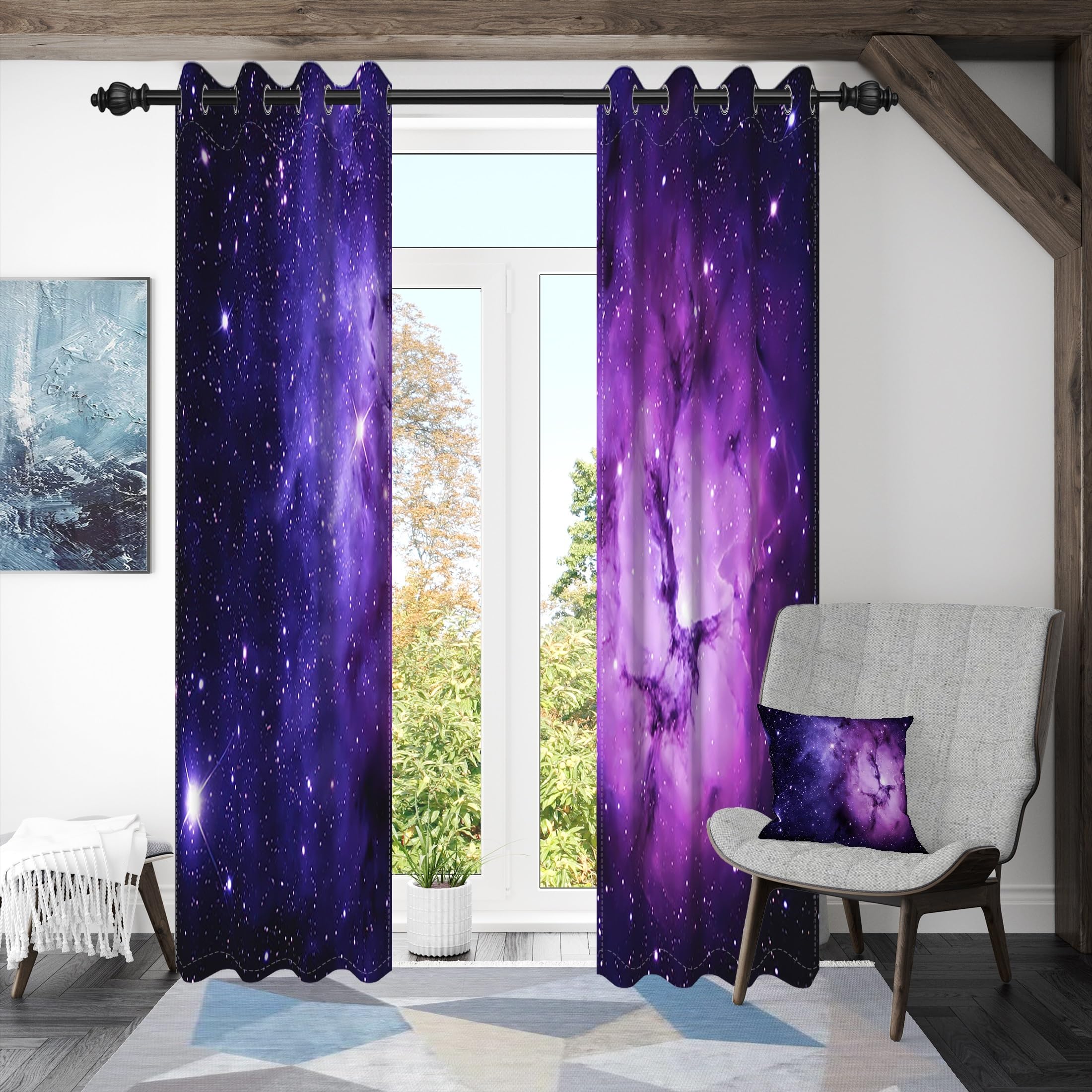 ggaimwf 46"x 72" Galaxy Eyelet Curtain for Kids Bedroom Space Purple Nebula Starry Sky Fantasy Thermal Grommet Room Dividers Blackout Window Drapes for Boys Girls Playroom Living Room,2 Panels - Image 2
