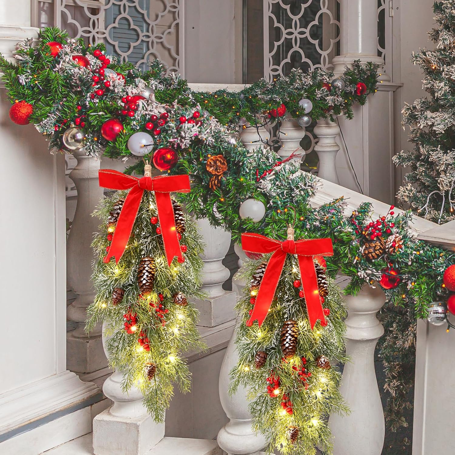 Hungdao 3 Pack Pre-lit Christmas Wreath and Swag with Lights 24" Artificial Christmas Teardrop Swags Pine Cypress Garland with Bow Pine Cones Berry for Xmas Front Door Outdoor Holiday Decor
