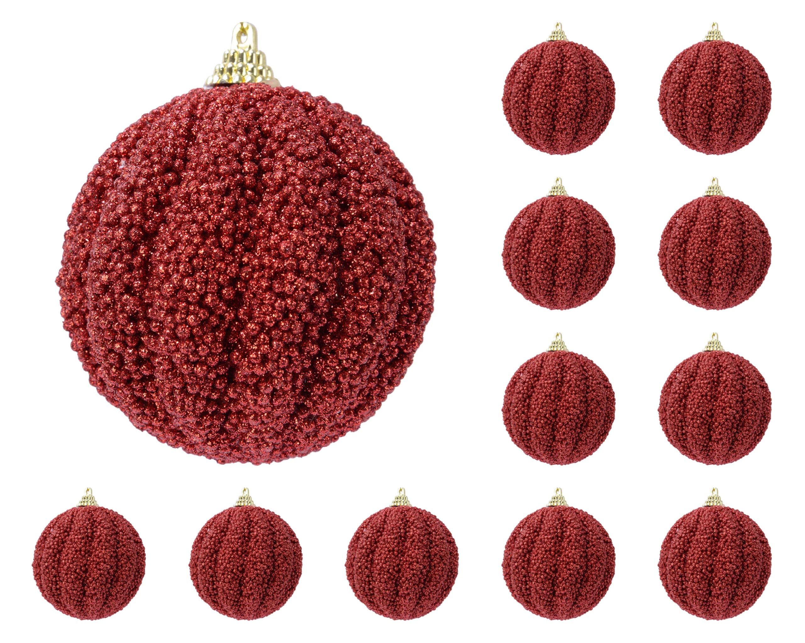 Kaemingk Bolas de Navidad de plástico, 8 cm x 12 unidades, poliestireno estriado, bolas para árbol de Navidad – Adornos para árbol de Navidad y adornos para árbol de Navidad, color rojo