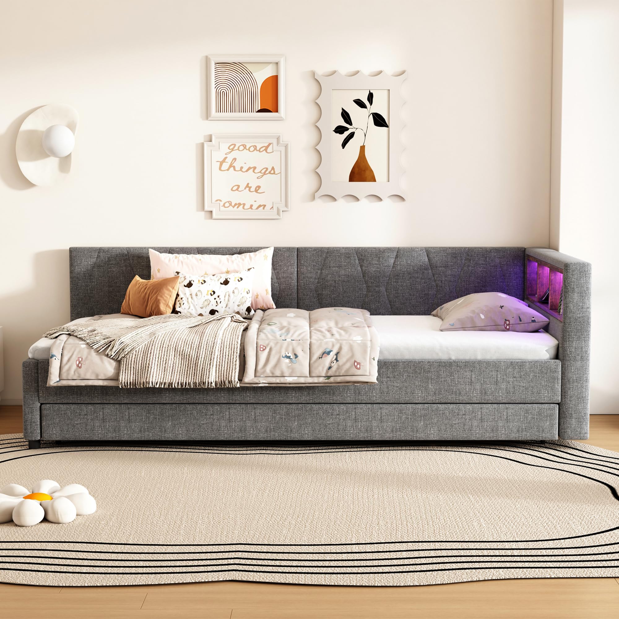 Dolamaní Łóżko tapicerowane 90 x 200 cm, z diodami LED i USB + typ C, łóżko ze stelażem i łóżkiem wysuwanym, dla dzieci, łóżko młodzieżowe, łóżko funkcyjne, łóżko pojedyncze, lniane, bez materaca