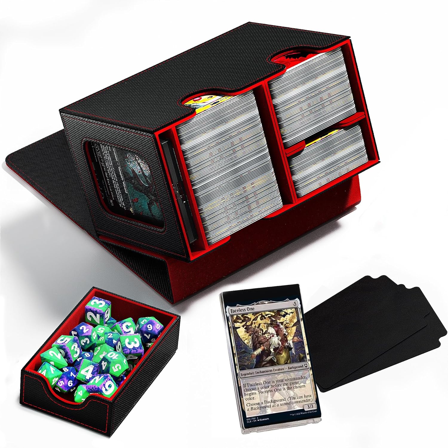 Commander Deck Showcase Box with Dice Tray, Holds up to 280+ Cards Trading Card Storage Box Fits TCG MTG YuGiOh - Patented Design, Packed with 2 Dividers & 35PT Card Brick(Black/Red)