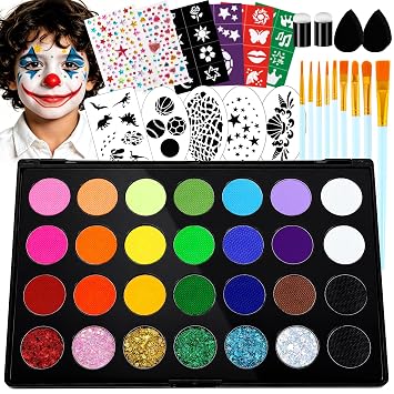 Face Painting Kit for Kids 28 Colors Water Based Non Toxic Face Paint Kit Professional Face Paint 6 colors Glitter Gel Hypoallergenic with Brushes Stencils Gems Sponges Safe for Halloween Party