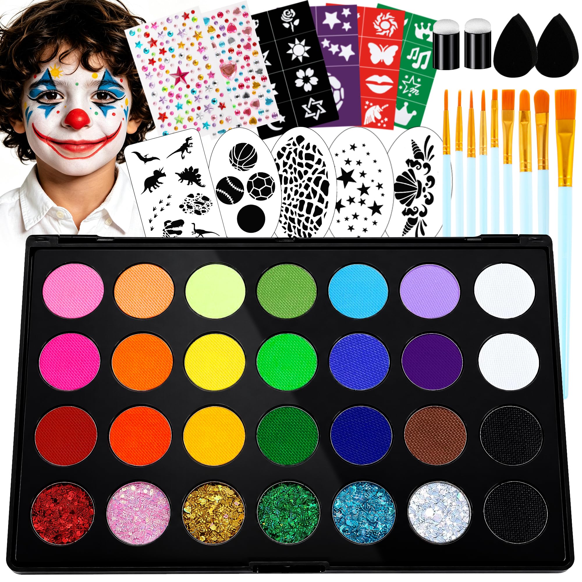 Face Painting Kit for Kids 28 Colors Water Based Non Toxic Face Paint Kit Professional Face Paint 6 colors Glitter Gel Hypoallergenic with Brushes Stencils Gems Sponges Safe for Halloween Party