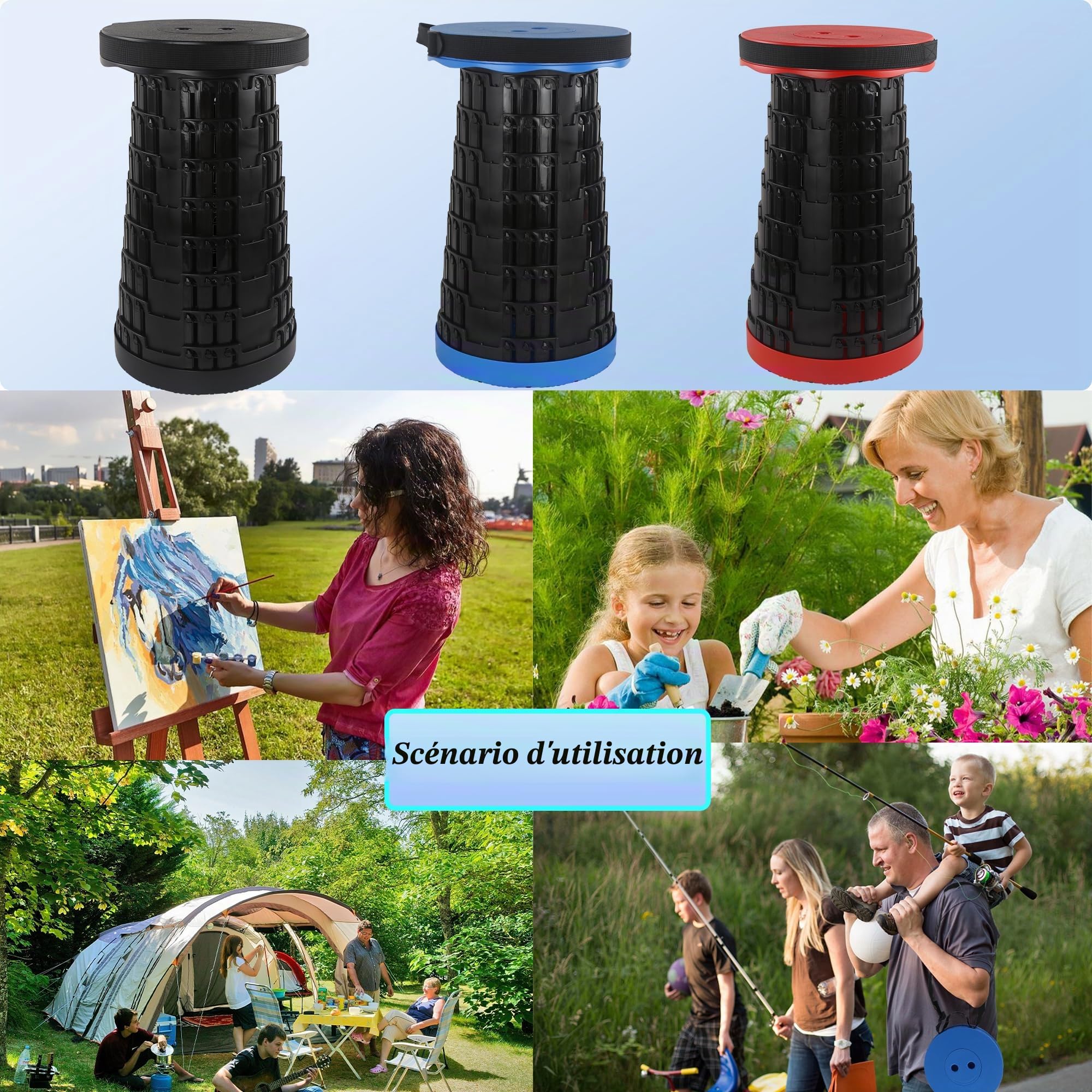 Tabouret Pliant Portable Tabouret Retractable Max Capacité Charge 215kg/ 470pound, 7 Hauteurs Réglables, Tabouret Camping, Randonnée, Pêche, Voyage, BBQ, Jardin, Extérieur, Intérieur Noir