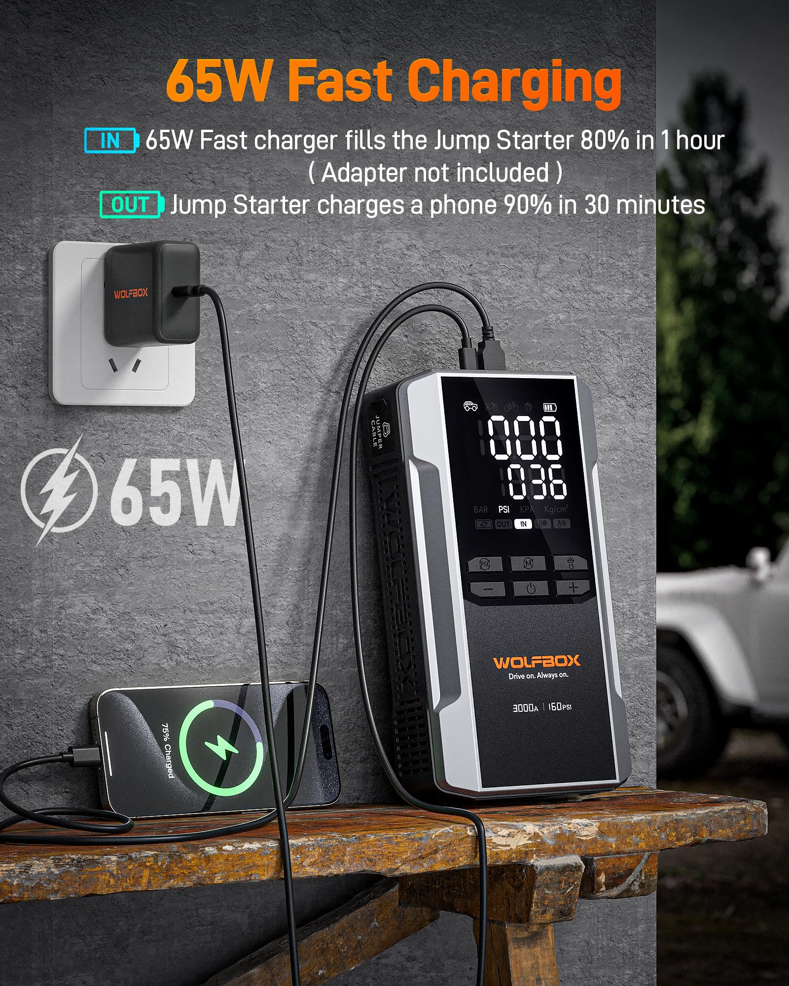 Arrancador de Baterias de Coche con Compresor de Aire, 3000A WOLFBOX Arrancador de Coche Portatil (8L Gas/10L Diesel) con Cargador Rápido 65W, Pantalla Grande y Linterna LED