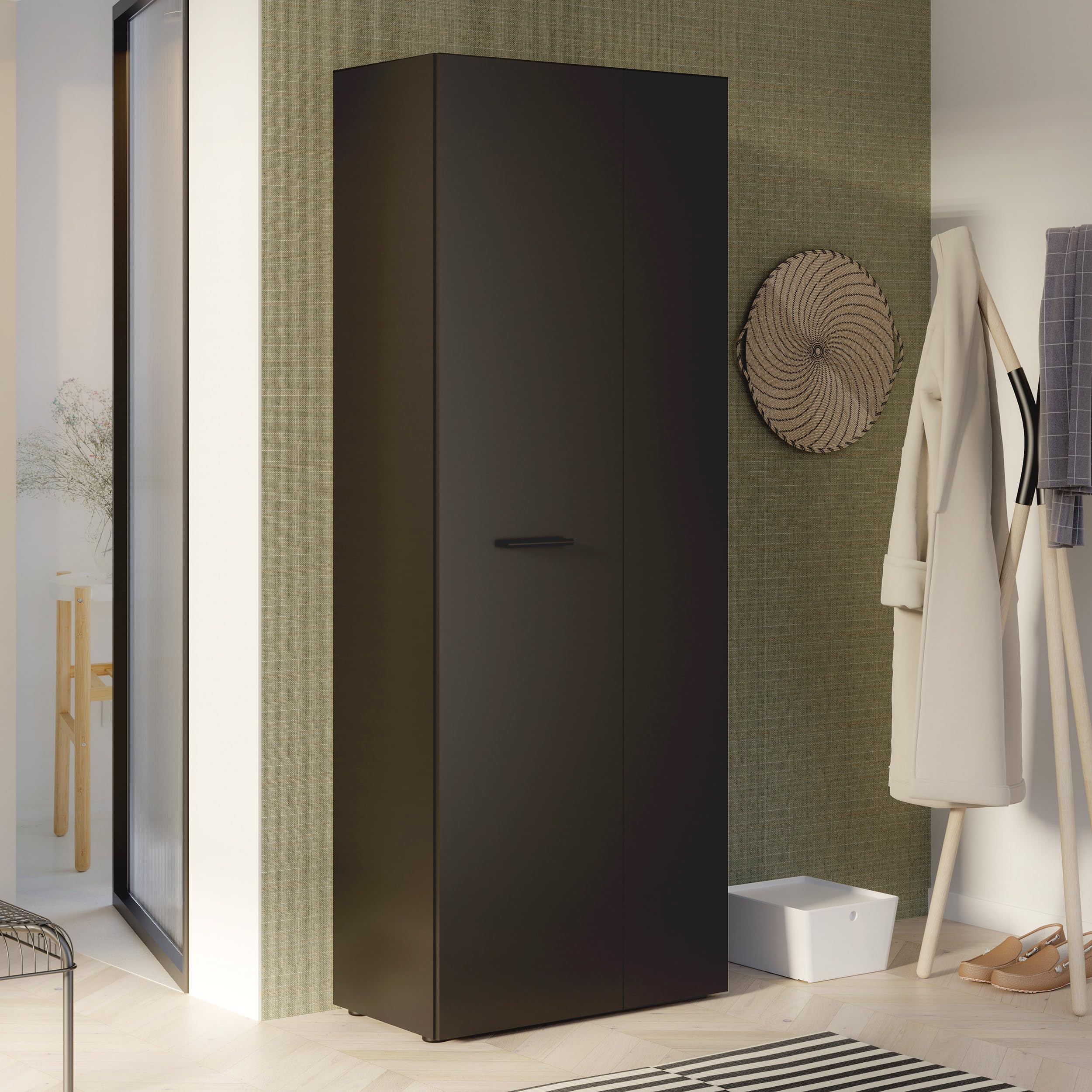 FORTE NET106 Schrank 70 180, Mehrzweckschrank, Staubsaugerschrank, Abstellraum, Drehtürenschrank, 2-türig mit Einlegeböden, Schwarz, 68,7 cm breit x 181,1 cm hoch x 36,5 cm tief